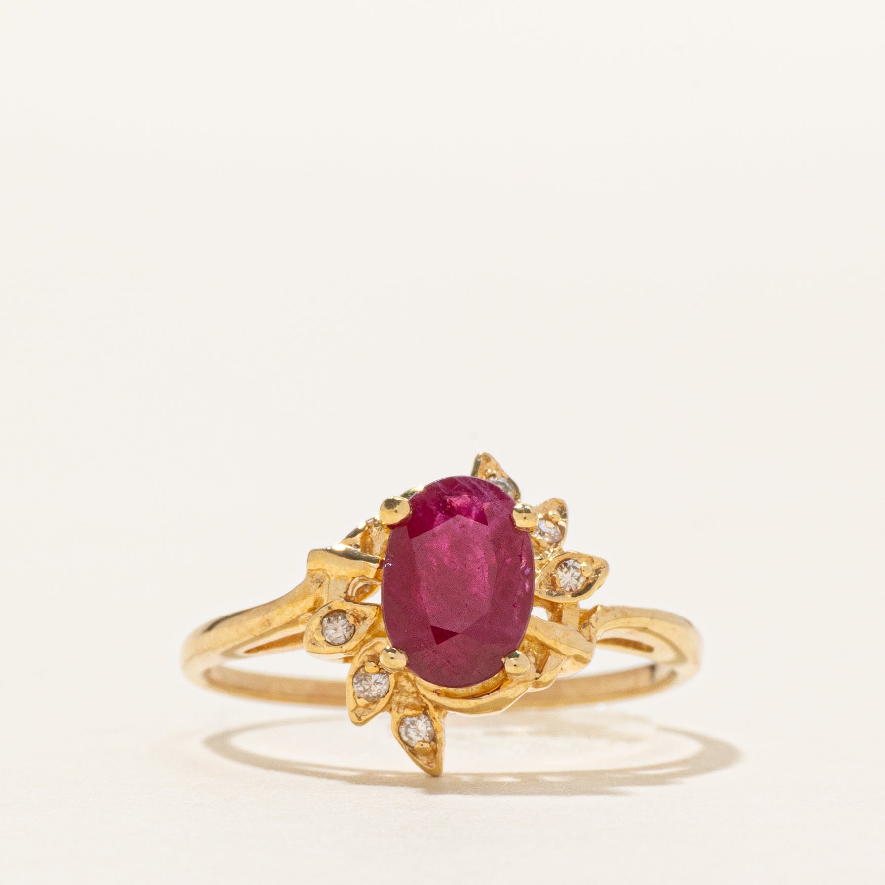 18k Ruby & Diamond Halo Floral Thin Ring | 0.75ct, 0.03ctw | SZ 5.5