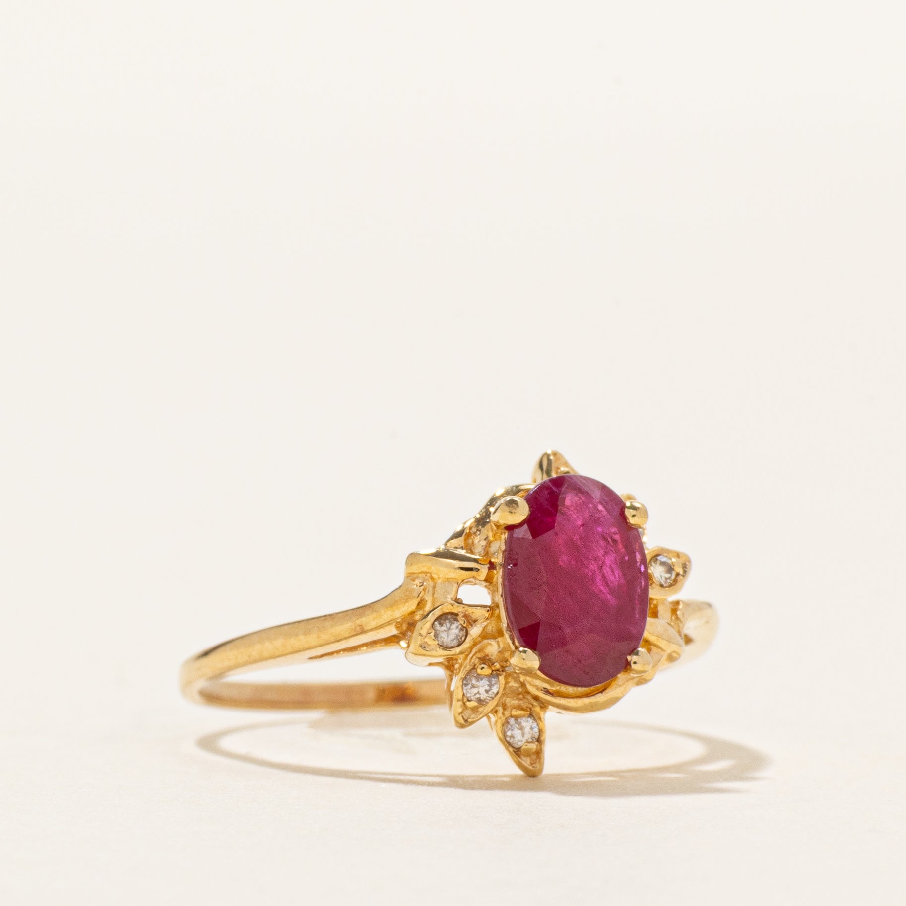 18k Ruby & Diamond Halo Floral Thin Ring | 0.75ct, 0.03ctw | SZ 5.5