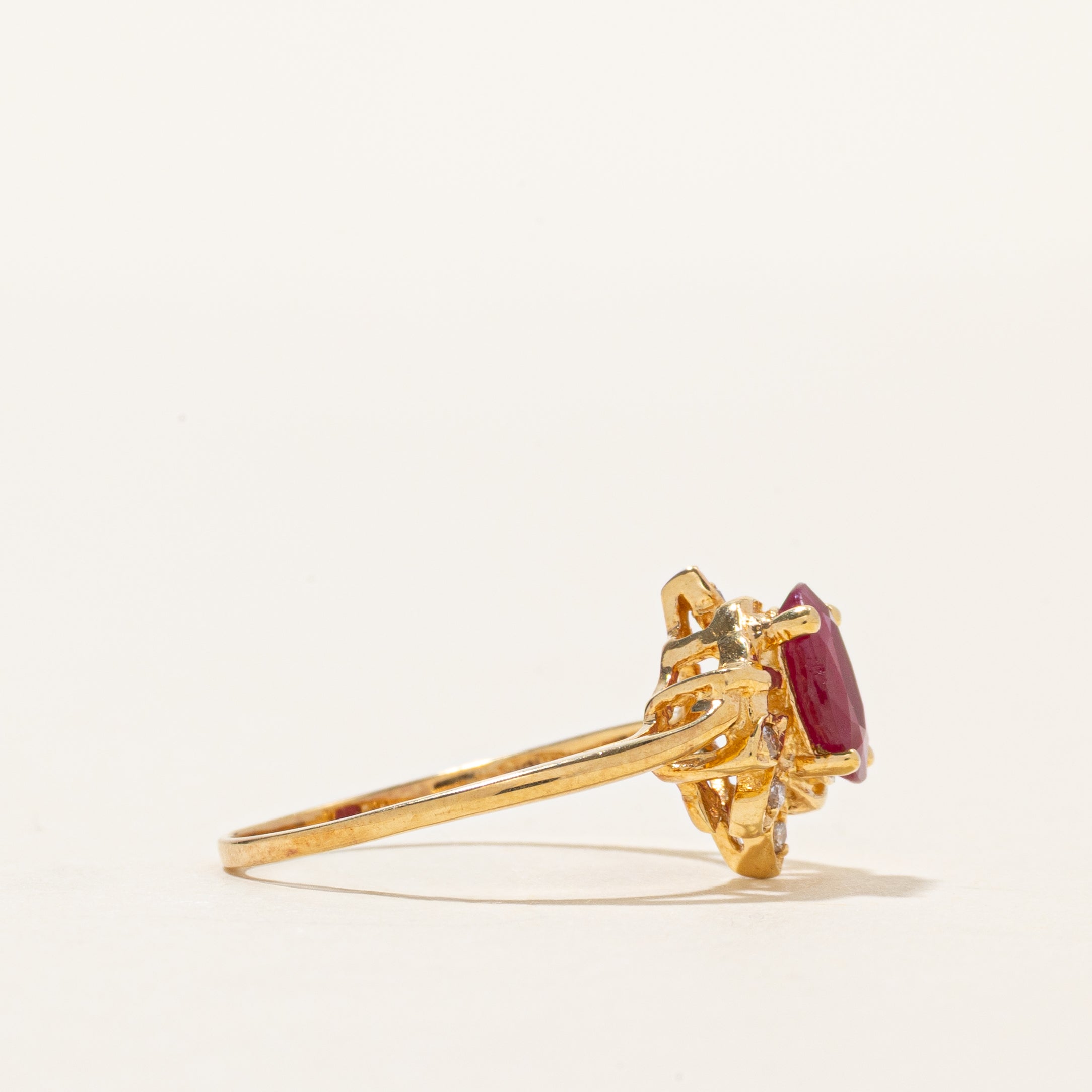 18k Ruby & Diamond Halo Floral Thin Ring | 0.75ct, 0.03ctw | SZ 5.5
