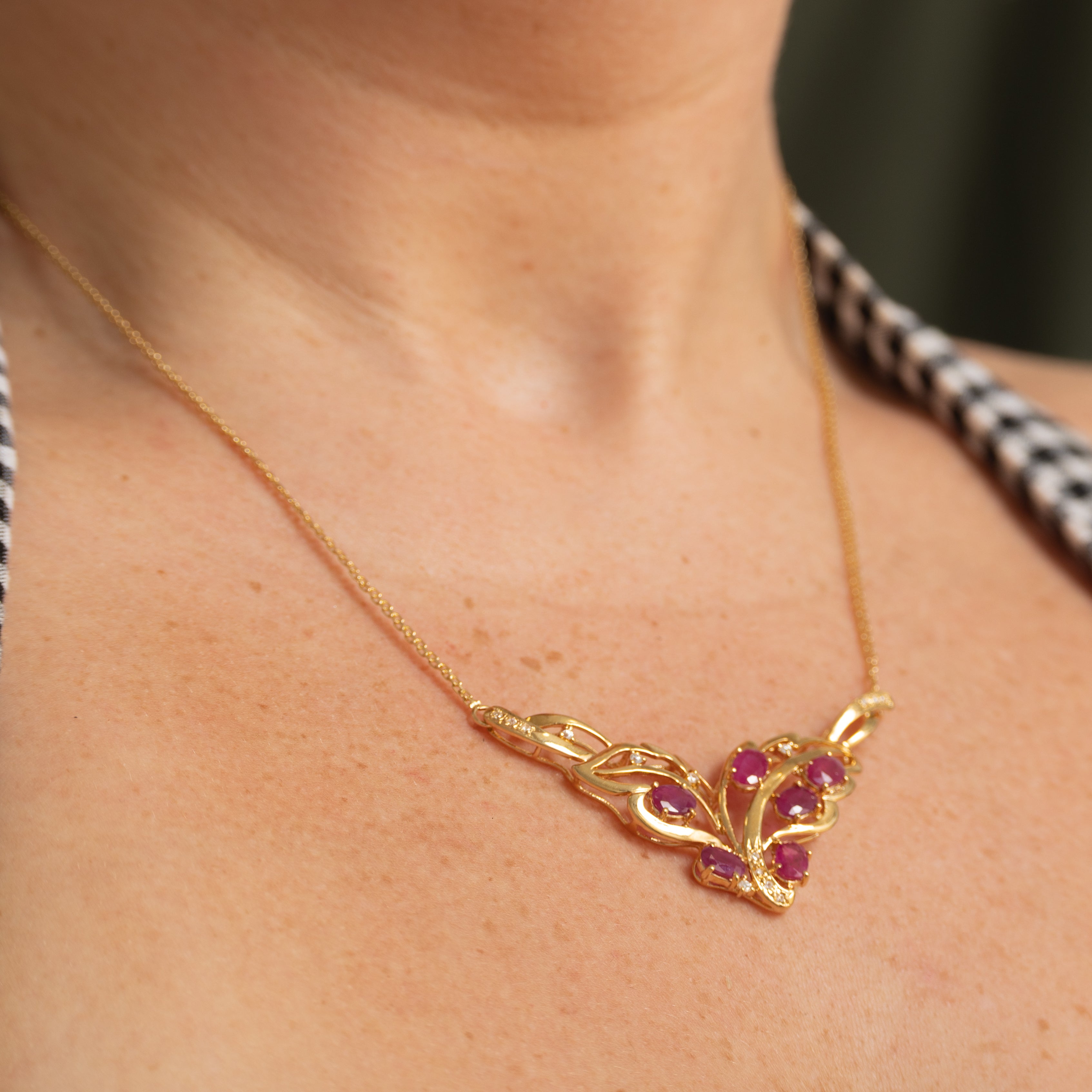18k Ruby & Zircon Leaf Design Pendant Necklace | 2.70ctw, 0.10ctw | 14"