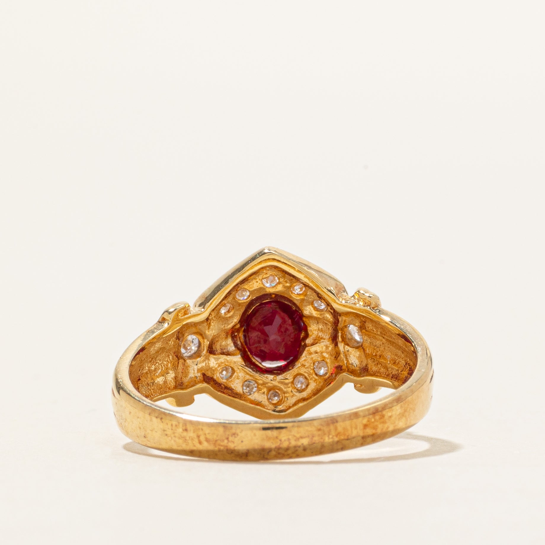 18k Ruby & Diamond Halo Grooved Ring | 0.75ct, 0.08ctw | SZ 6