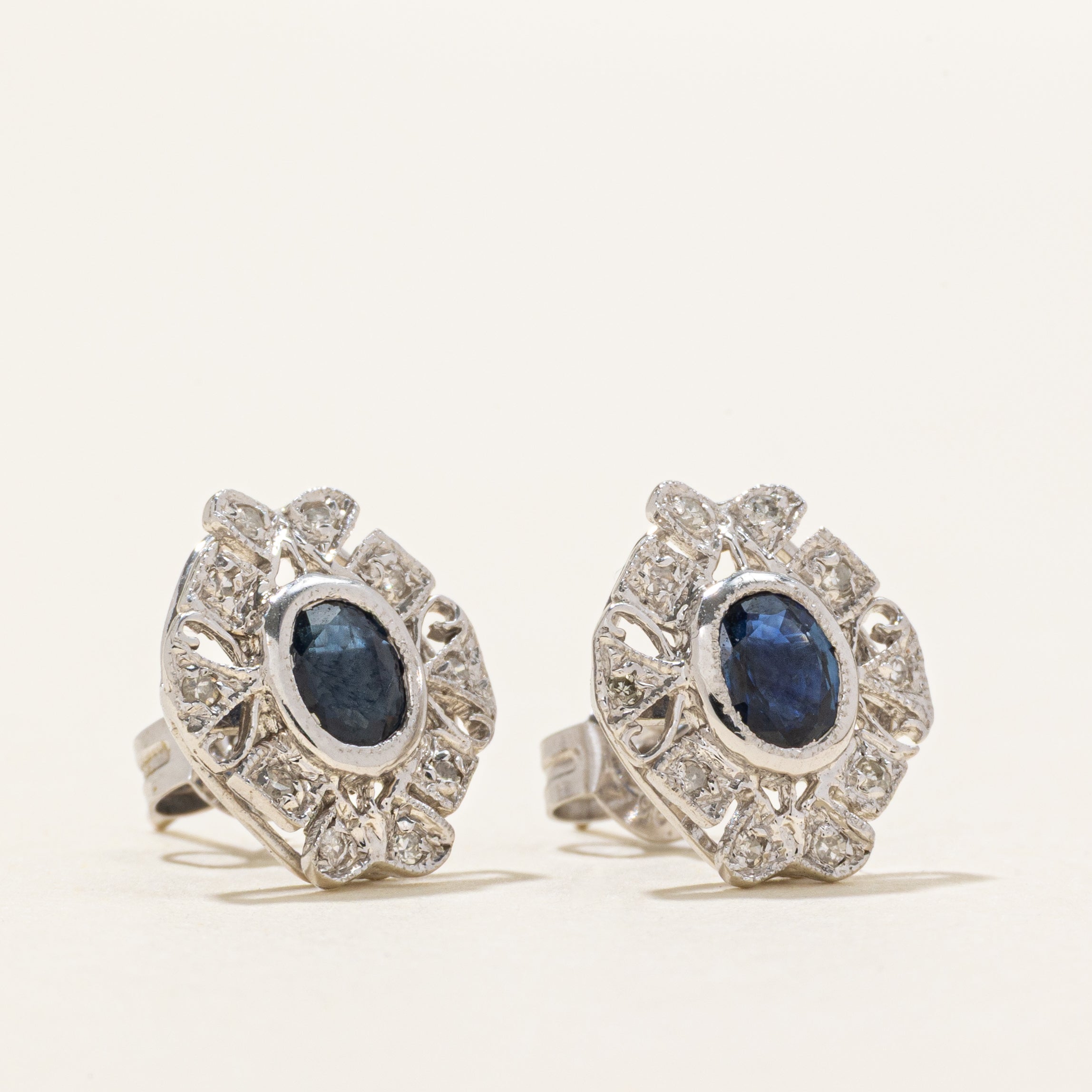Bezel Set Sapphire & Diamond Ornate Stud Earrings | 0.50ctw, 0.10ctw