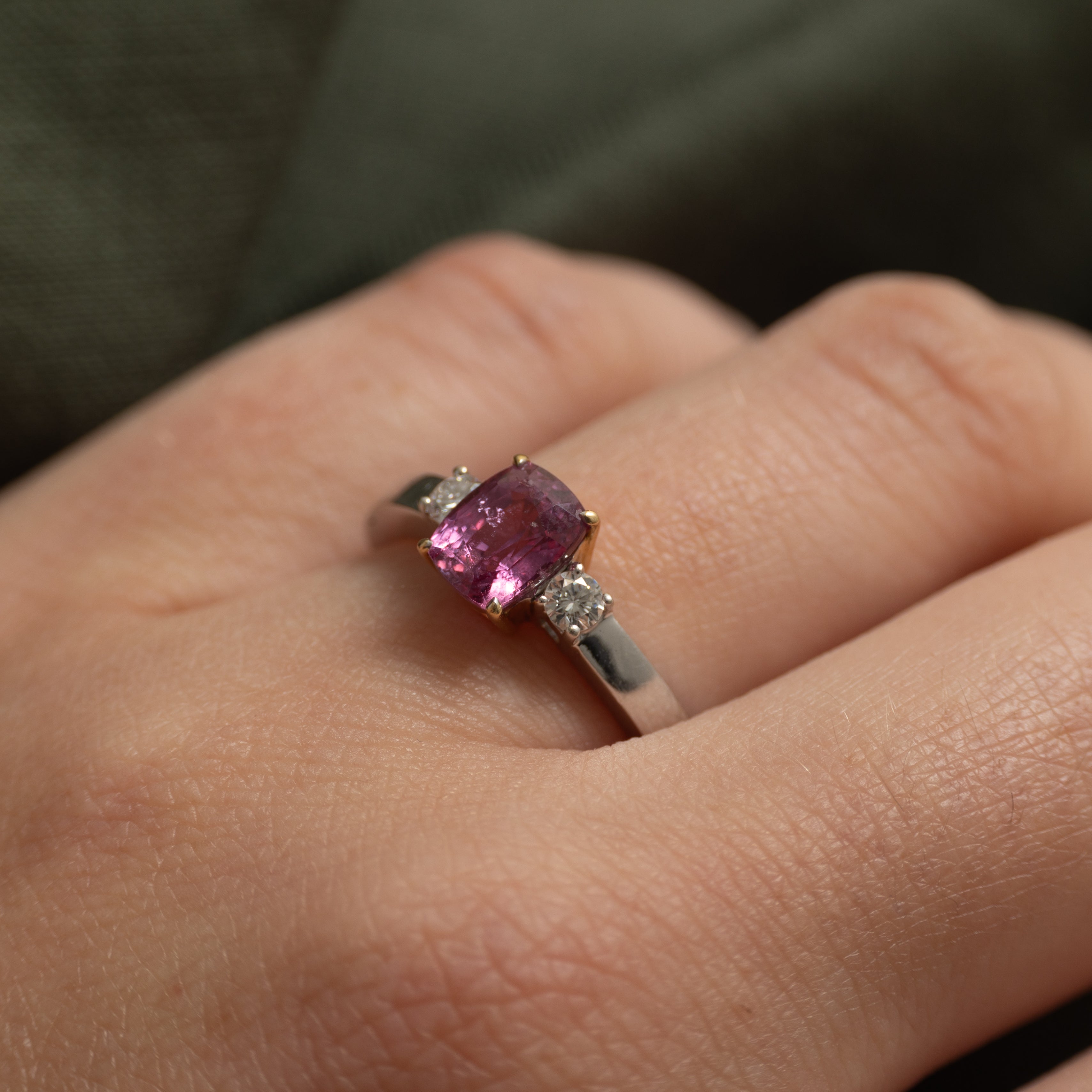 18k Cushion Cut Pink Sapphire & Diamond Ring | 1.55ct, 0.16ctw | SZ 7