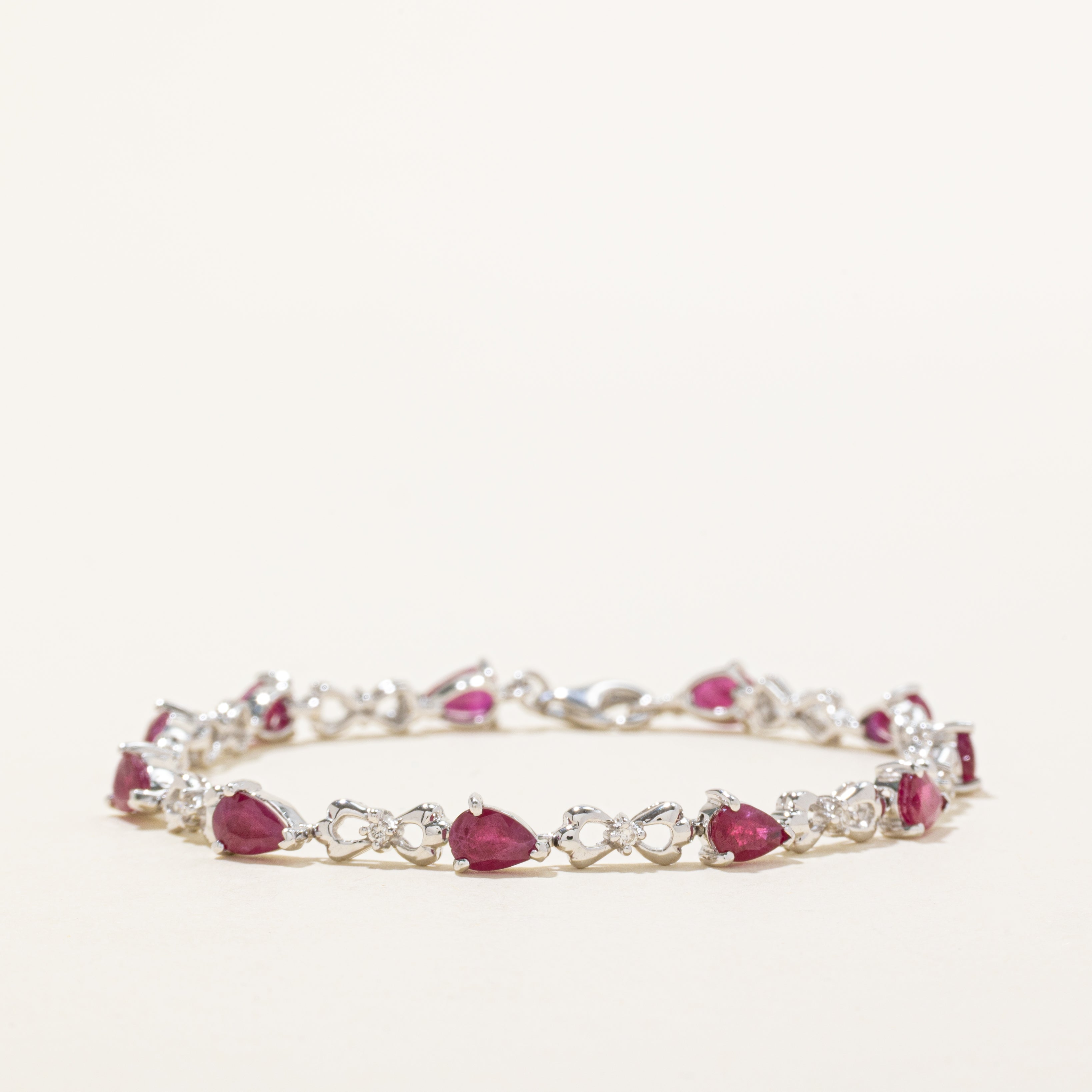 18k White Gold Pear Cut Ruby & Diamond Bracelet | 5.00ctw, 0.10ctw | 7"