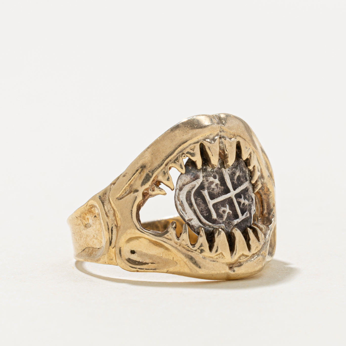 14k Shark Jaw Coin Cross Ring | SZ 6.75