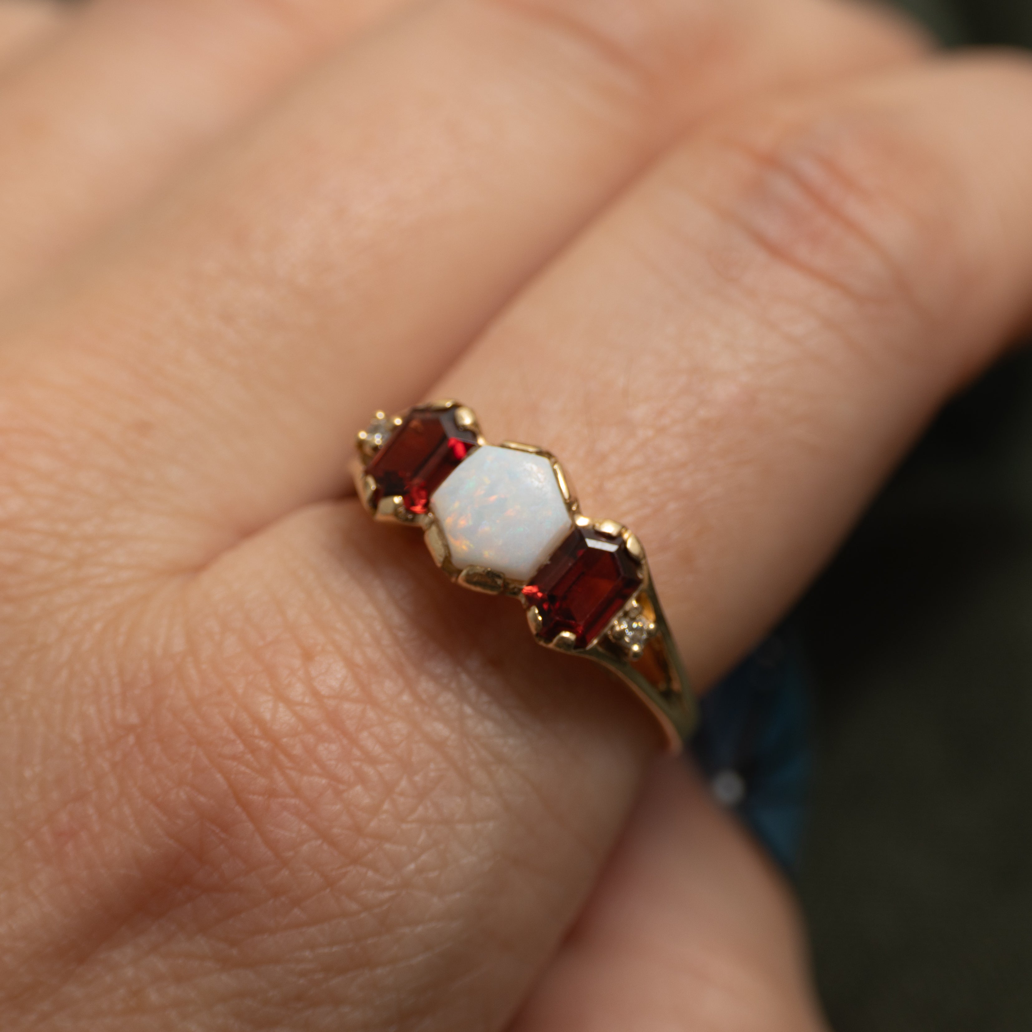 Three Stone Garnet, Opal & Diamond Ring | 0.94ctw, 0.41ct | SZ 8