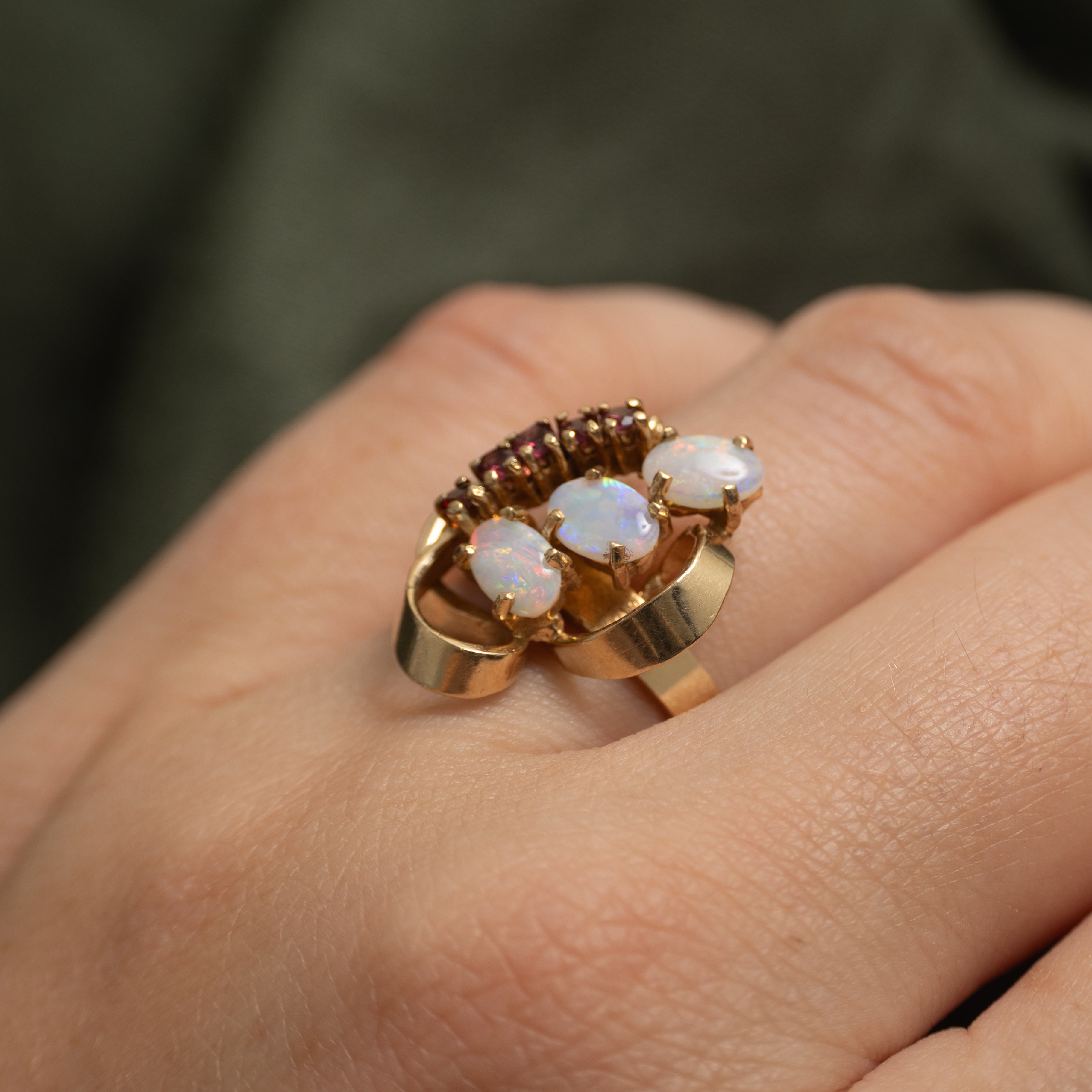 Cabochon Opal & Garnet Abstract Ring | 0.51ctw, 0.08ctw | SZ 6.75