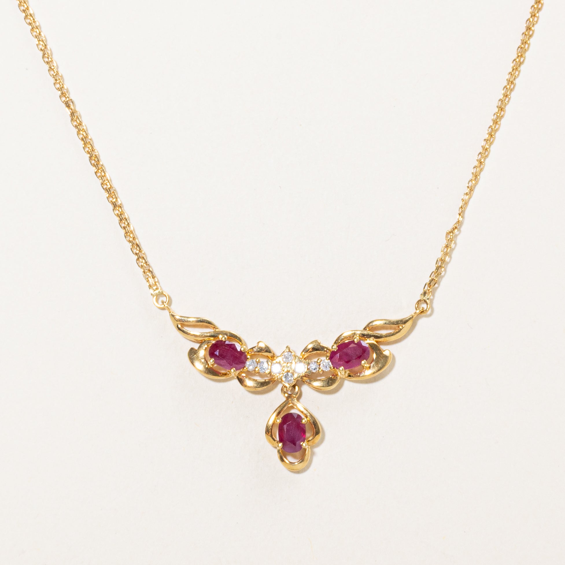 18k Ruby & Diamond Dangling Pendant Necklace | 1.35ctw, 0.16ctw | 14"