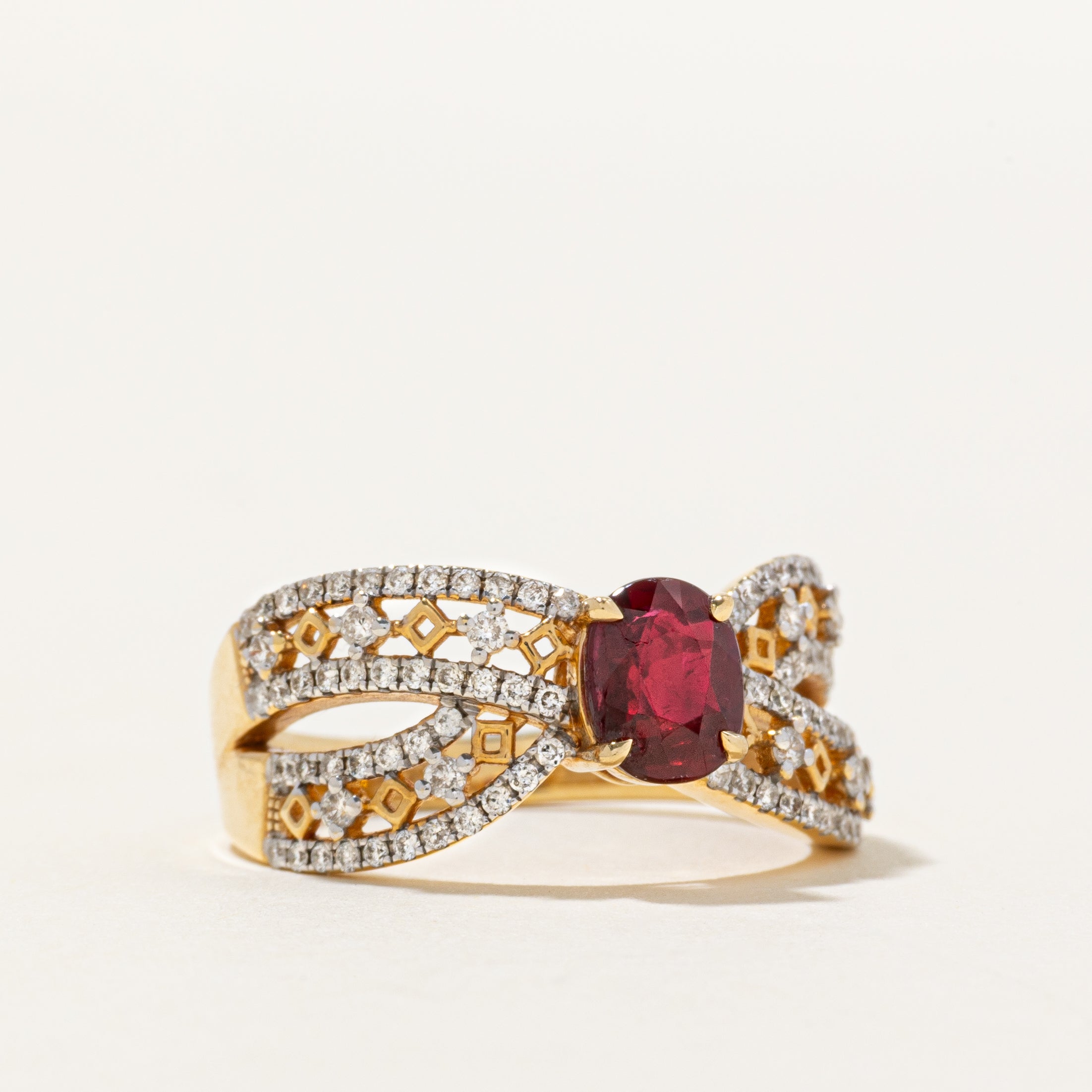 18k Ruby & Diamond Cross Over Ring | 1.05ct, 0.42ctw | SZ 6.75