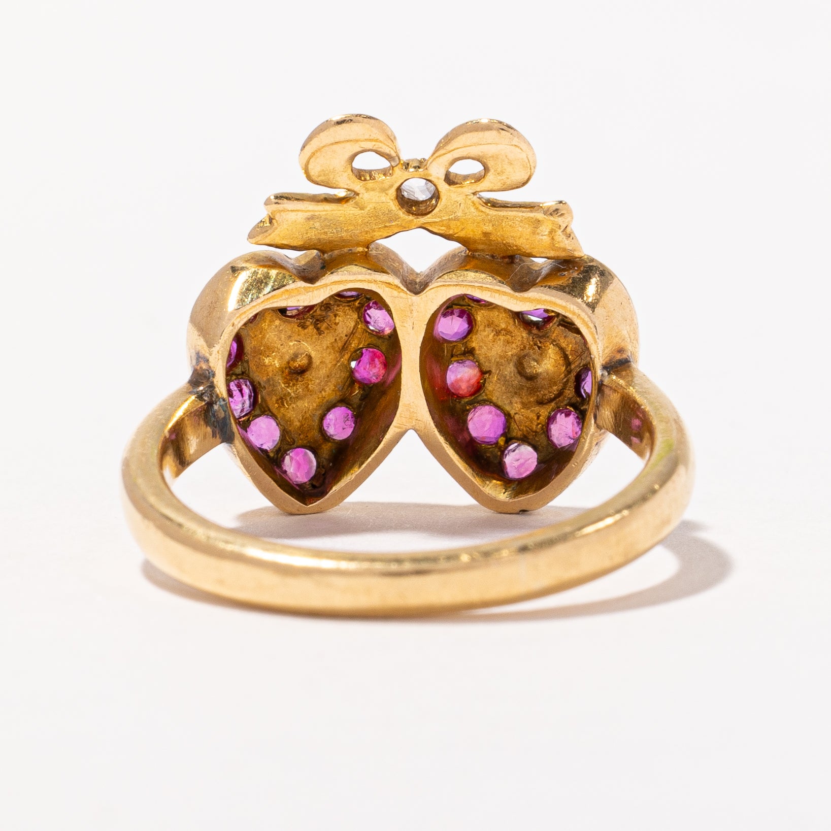 Victorian Ruby & Rose Cut Diamond Double Heart & Bow Ring | 0.50ctw, 0.24ctw | SZ 5.5 |