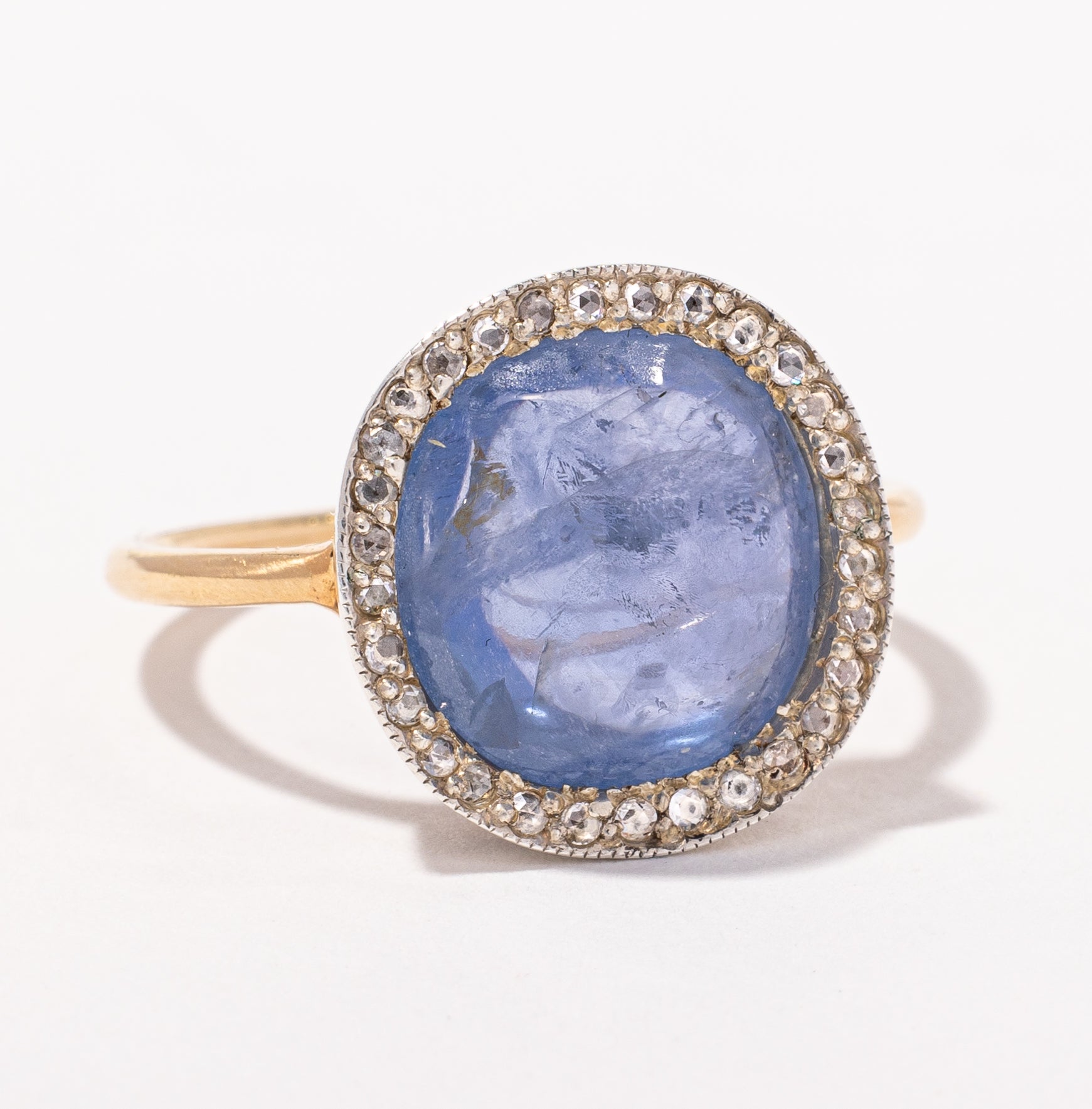 Bague halo en saphir antique et diamants taille rose | 6,30 ct, 0,15 ct au total | Taille 5,75 |