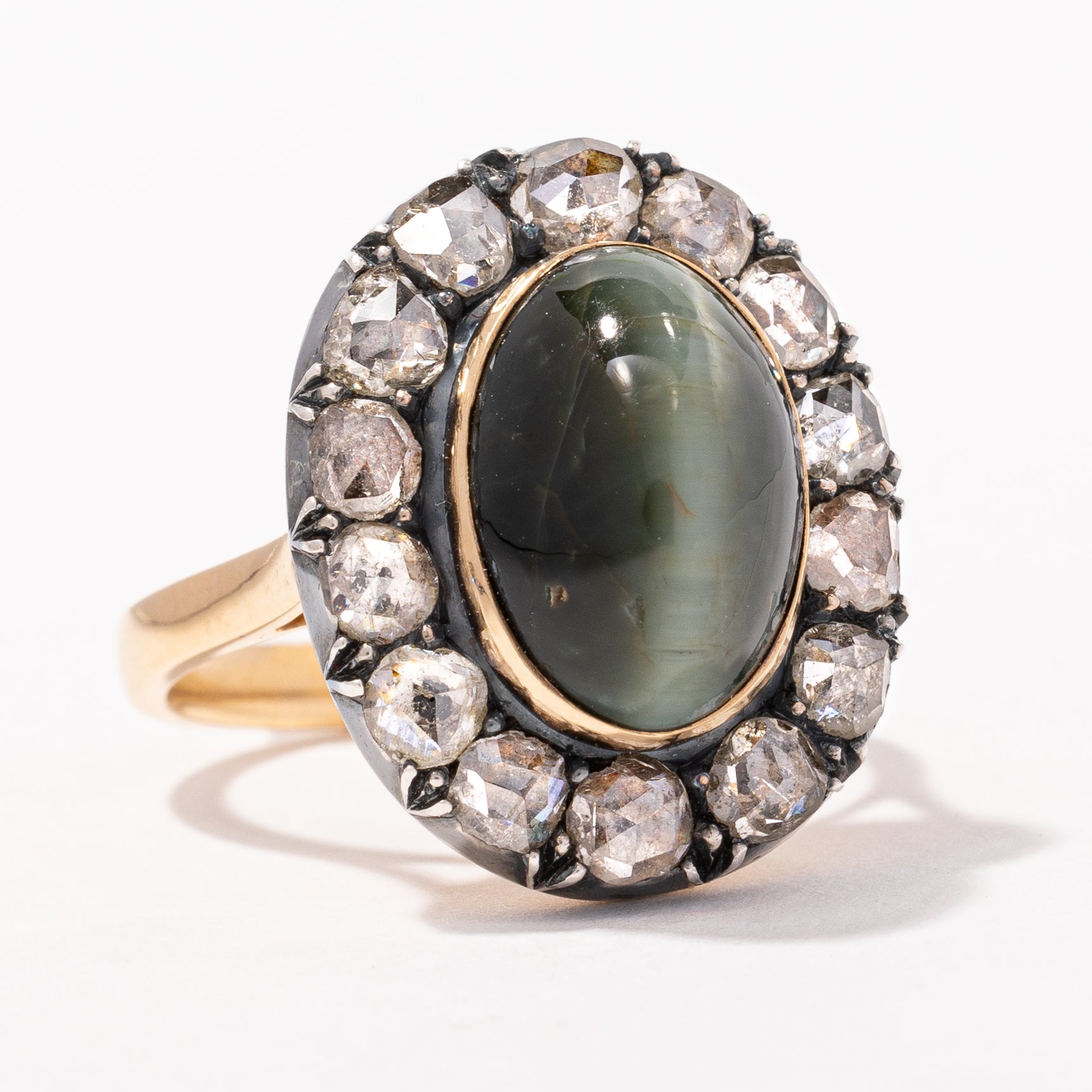 Antique Cat's Eye Chrysoberyl & Rose Cut Diamond Ring | 6.90ct, 1.12ctw | SZ 6.75 |