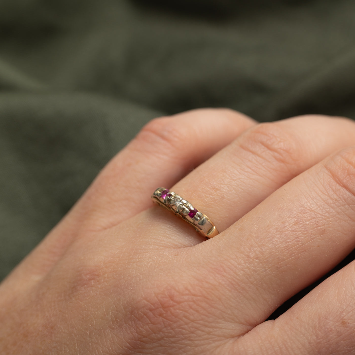 Two Tone Gold Three Stone Natural Diamond & Synthetic Ruby Ring | SZ 6