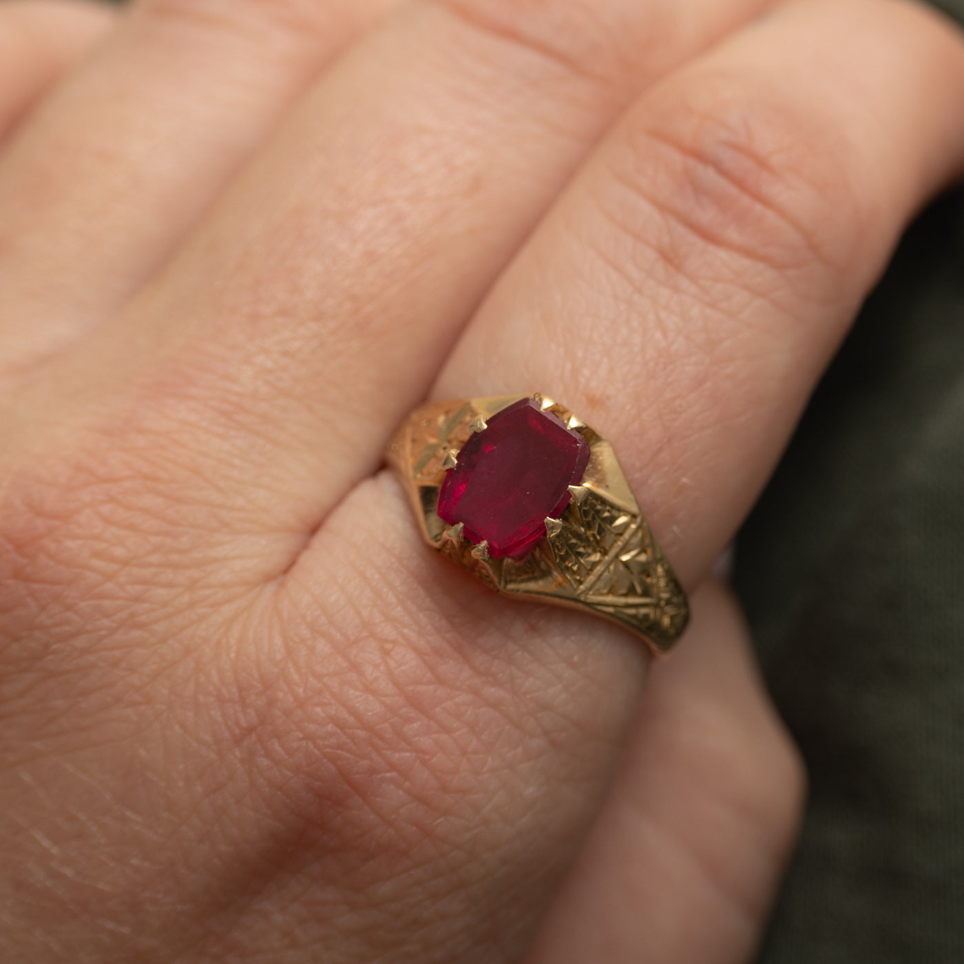 Synthetic Ruby Engraved Ring | SZ 9