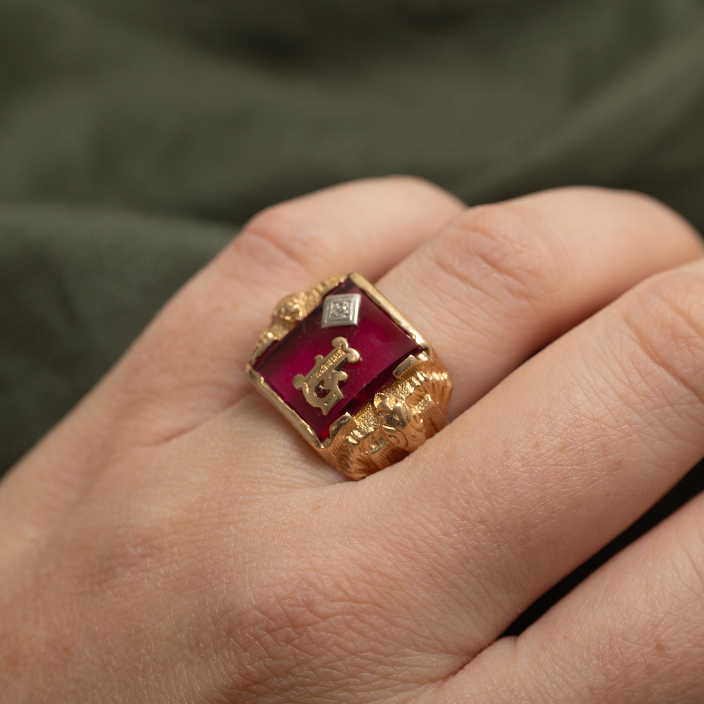 Synthetic Ruby & Diamond "L" Initial Signet Snake Ring | SZ 10.5