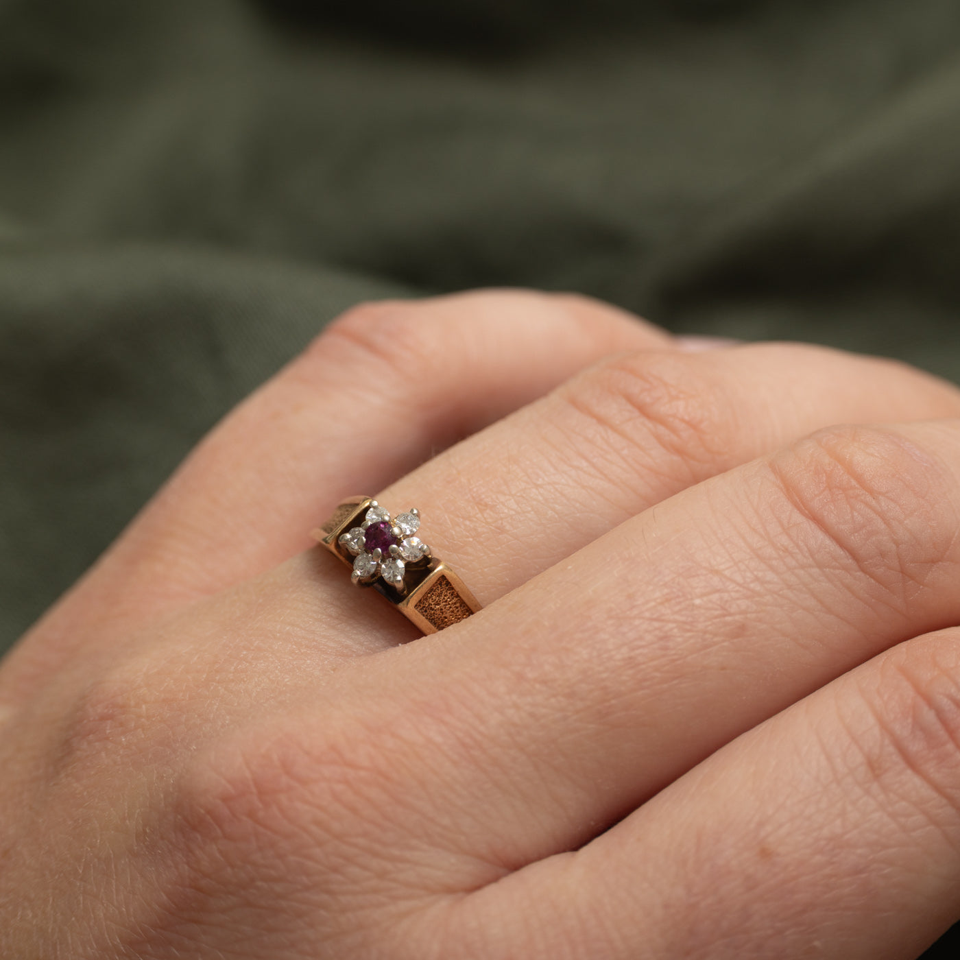 Ruby & Diamond Petal Textured Ring | SZ 6