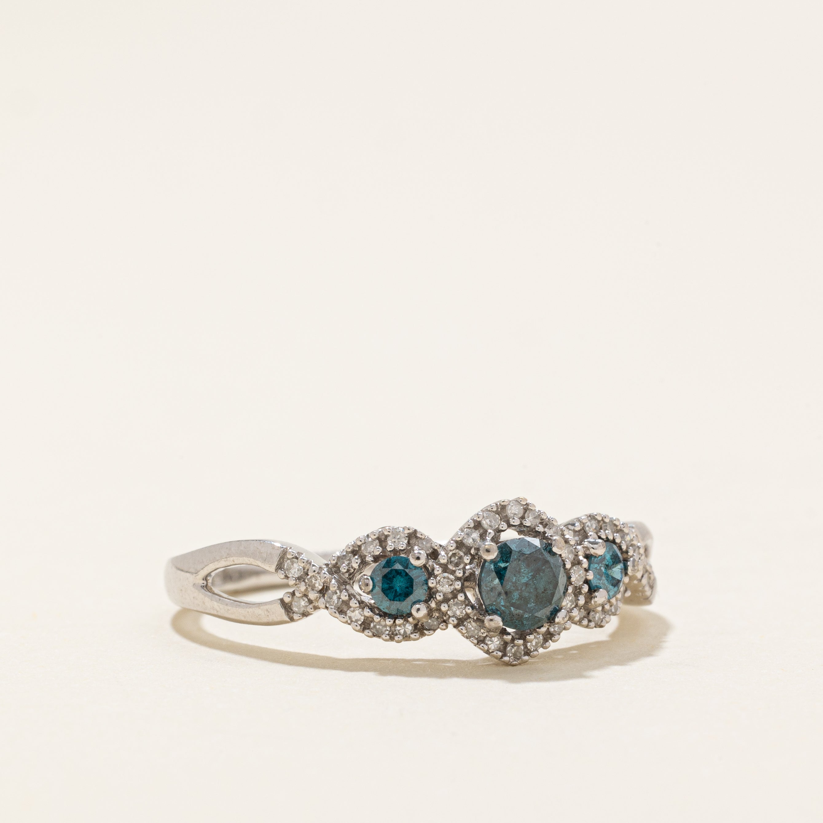 Three Stone Blue & White Diamond Halo Crossover Ring | 0.37ctw | SZ 8.5 |
