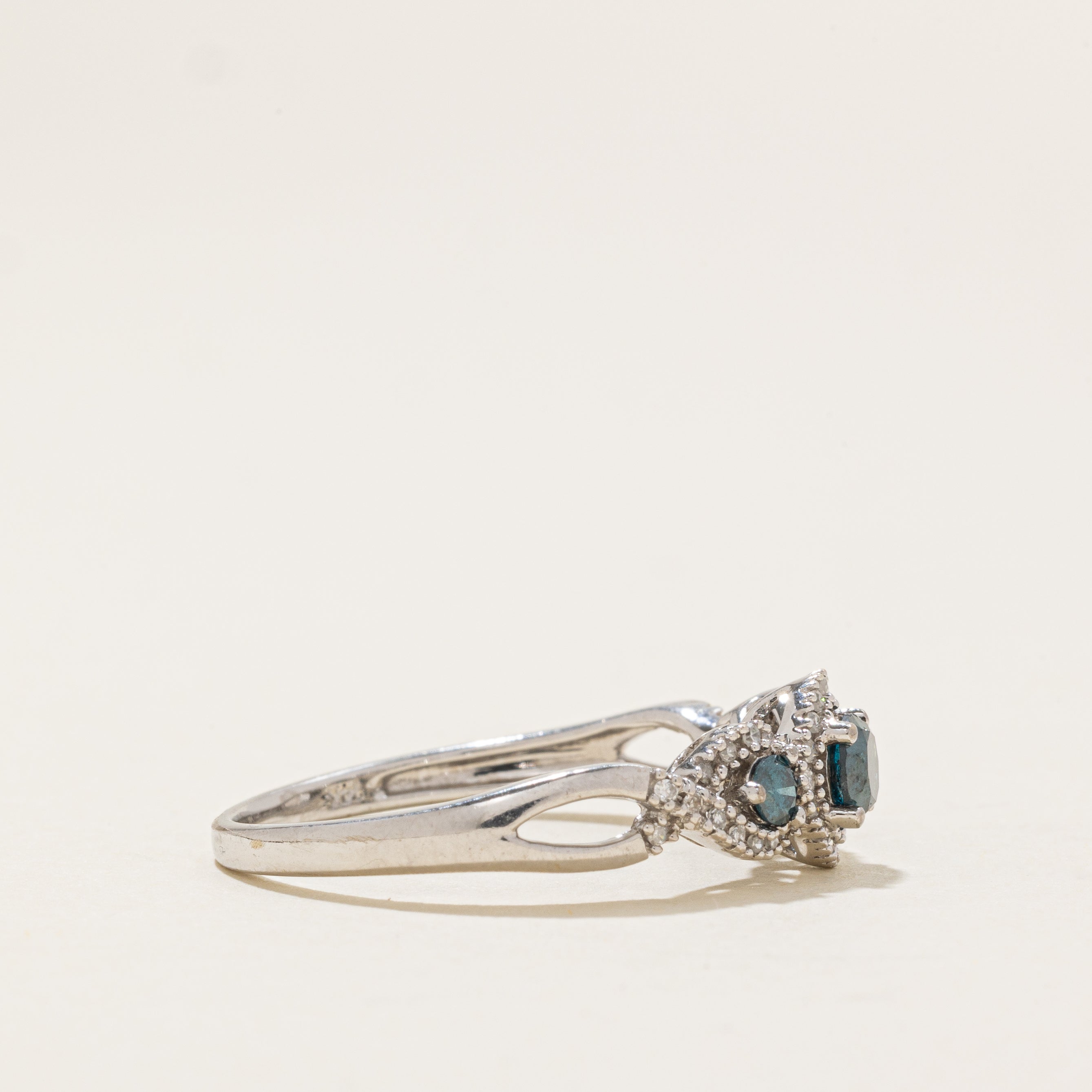 Three Stone Blue & White Diamond Halo Crossover Ring | 0.37ctw | SZ 8.5 |