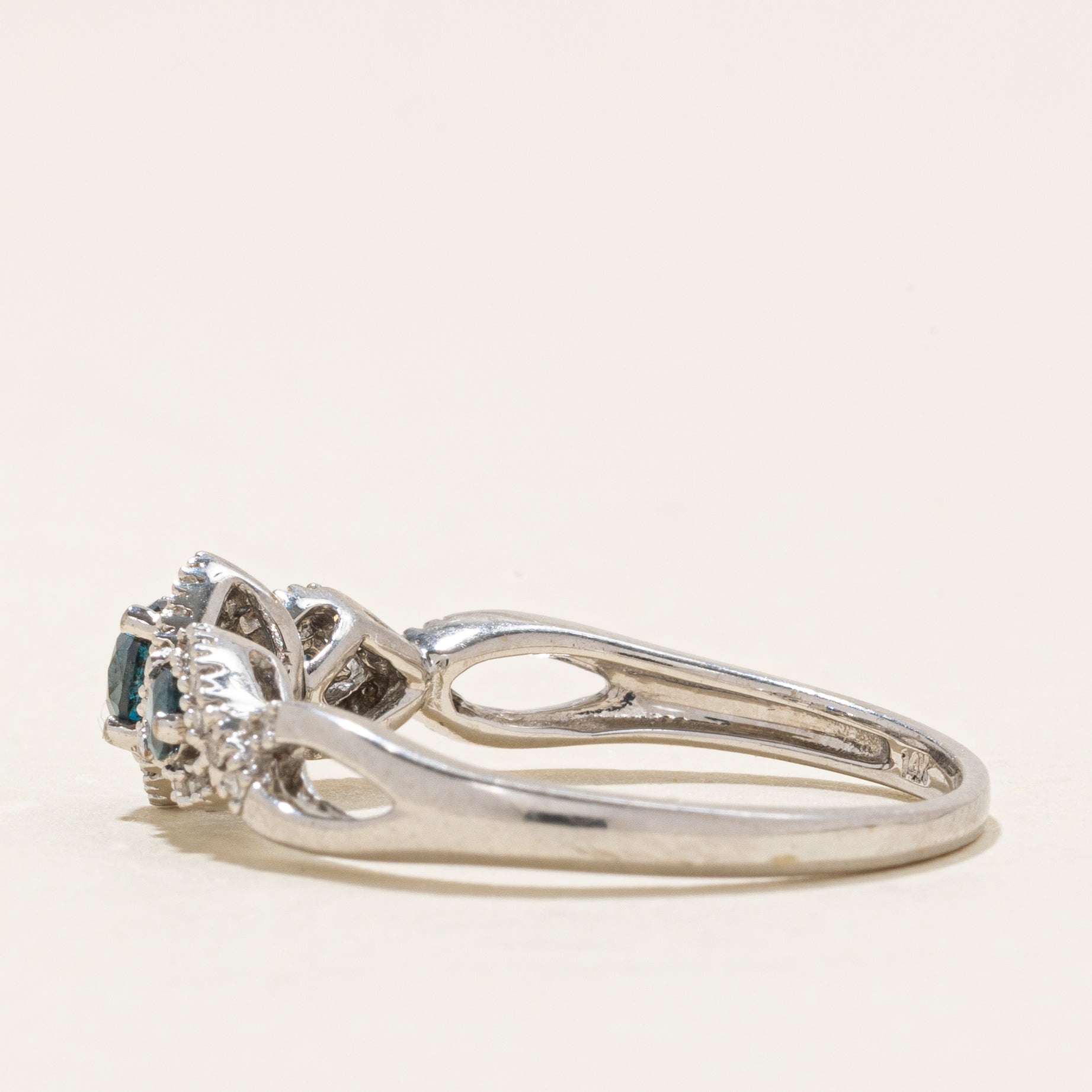 Three Stone Blue & White Diamond Halo Crossover Ring | 0.37ctw | SZ 8.5 |