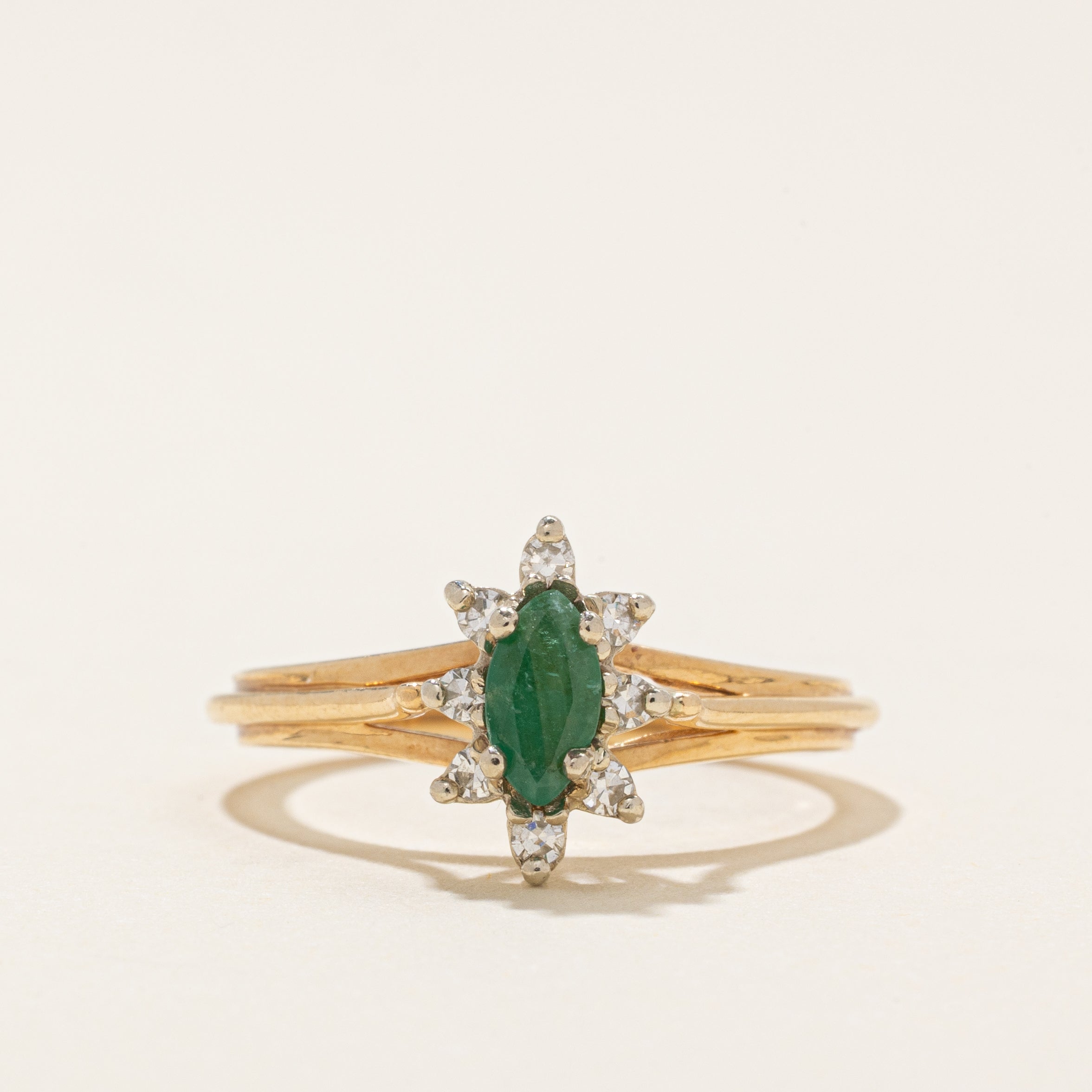 Marquise Cut Emerald & Diamond Petal Ring | 0.17ct, 0.1ctw | SZ 5.5 |
