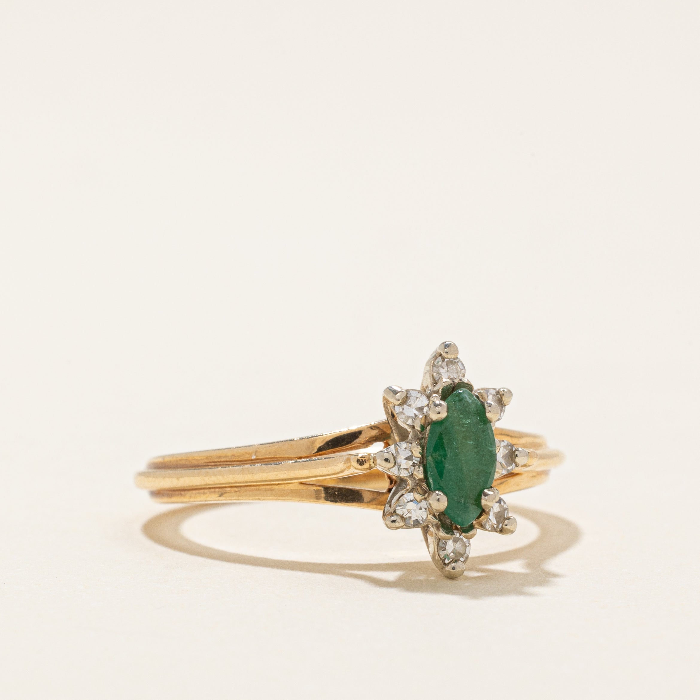 Marquise Cut Emerald & Diamond Petal Ring | 0.17ct, 0.1ctw | SZ 5.5 |