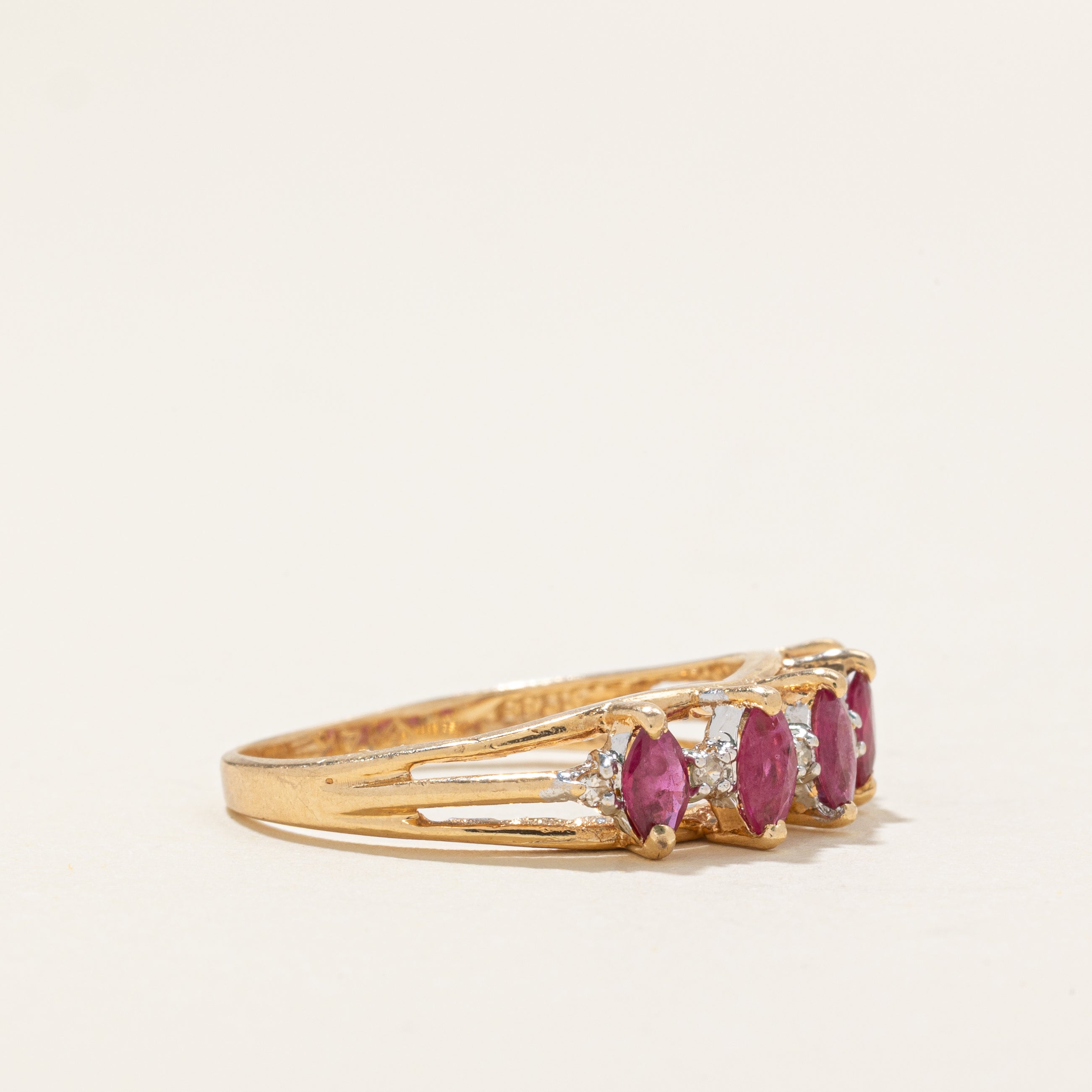 Five Stone Marquise Cut Ruby & Diamond Ring | 0.5ctw, 0.03ctw | SZ 6.5 |