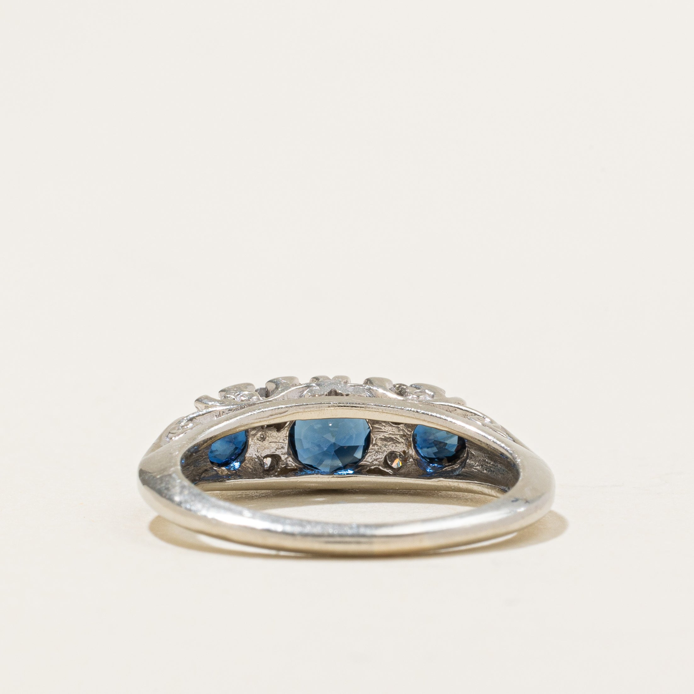 Three Stone Sapphire & Diamond Boat Shaped Ring | 0.7ctw, 0.06ctw | SZ 6.0 |