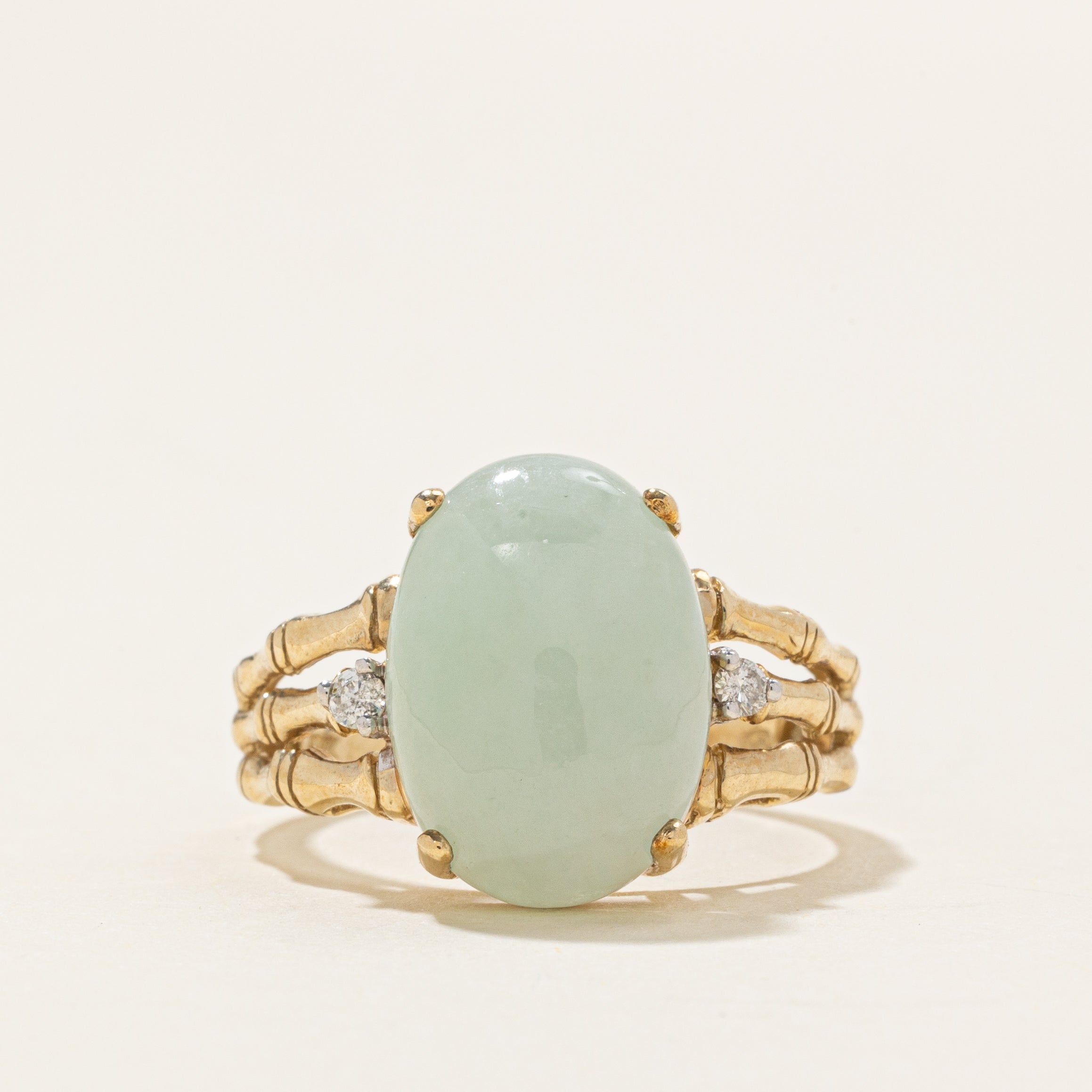 Jadeite & Diamond Split Bamboo Textured Shank Ring | 5.6ct, 0.04ctw | SZ 7.0 |