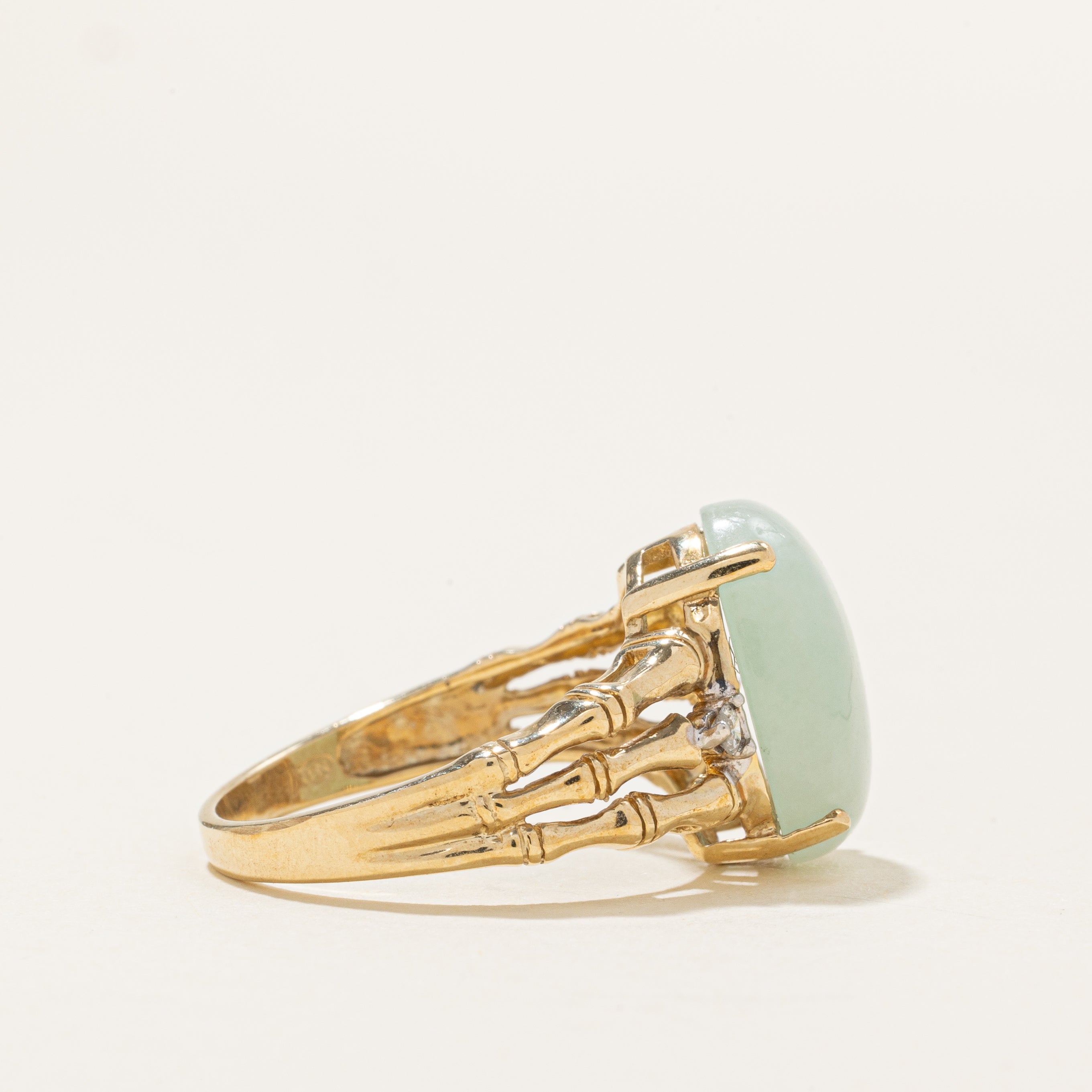 Jadeite & Diamond Split Bamboo Textured Shank Ring | 5.6ct, 0.04ctw | SZ 7.0 |