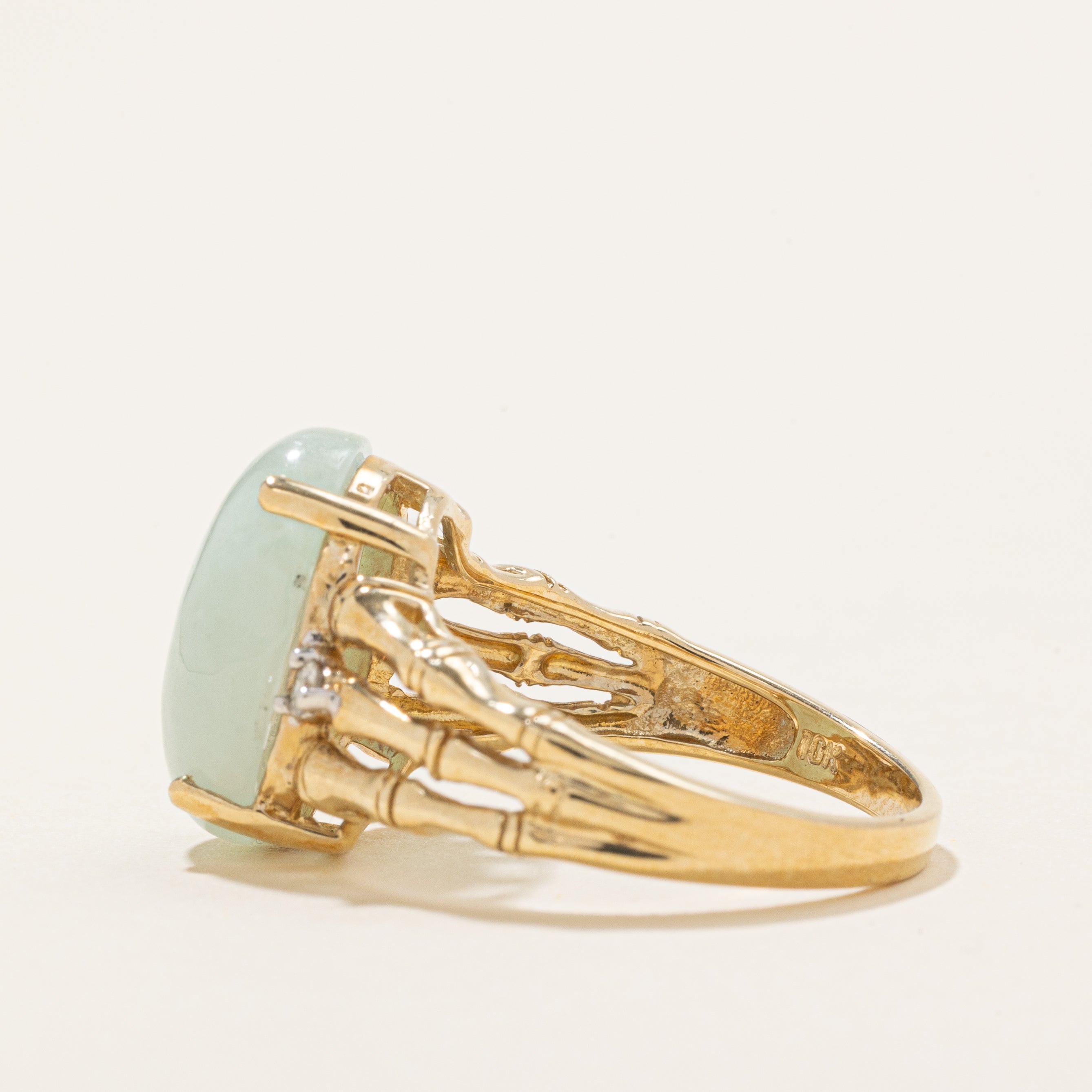 Jadeite & Diamond Split Bamboo Textured Shank Ring | 5.6ct, 0.04ctw | SZ 7.0 |