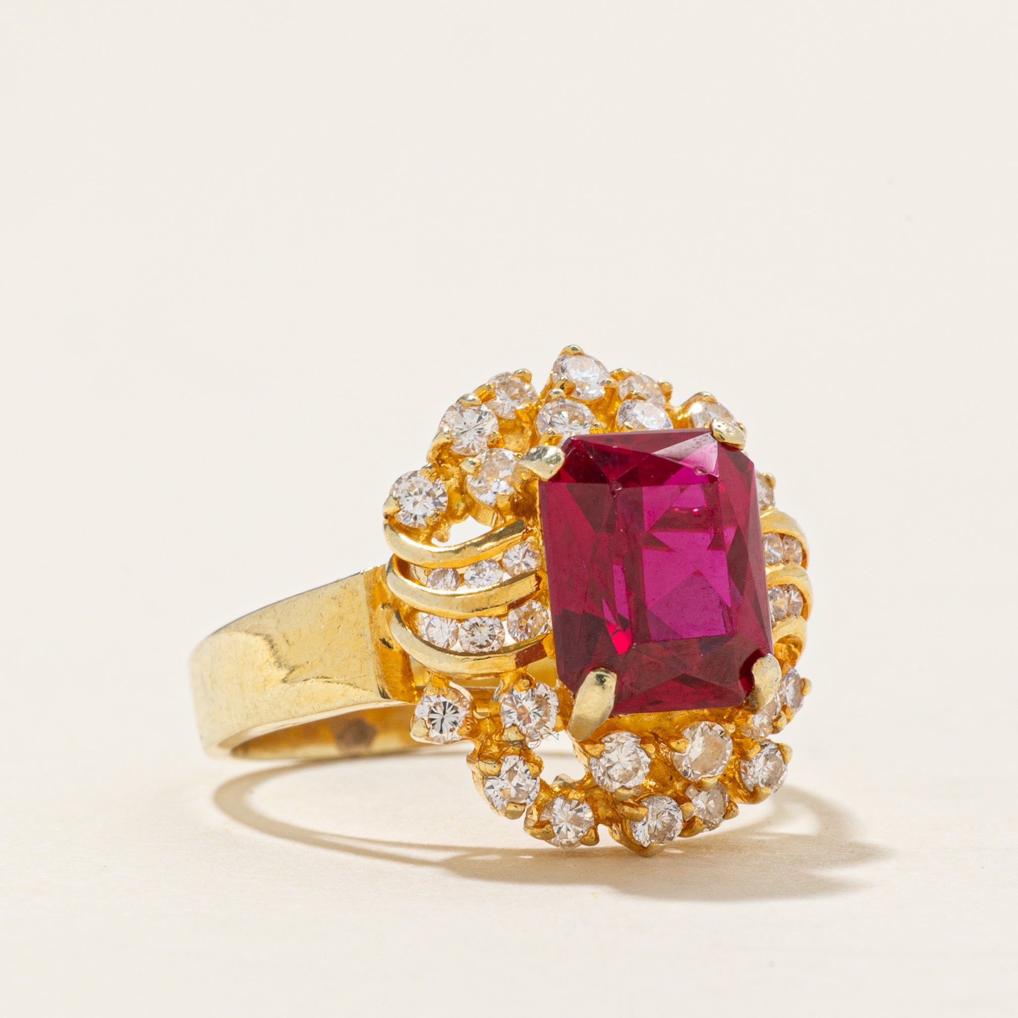 Synthetic Ruby & Natural Diamond Halo Cocktail Ring | 1.56ct, 0.38ctw | SZ 4.5 |