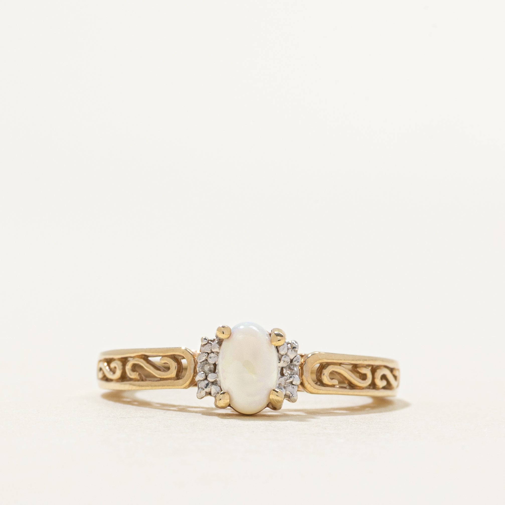 Cabochon Opal & Diamond Scrollwork Ring | 0.27ct, 0.004ctw | SZ 6.75