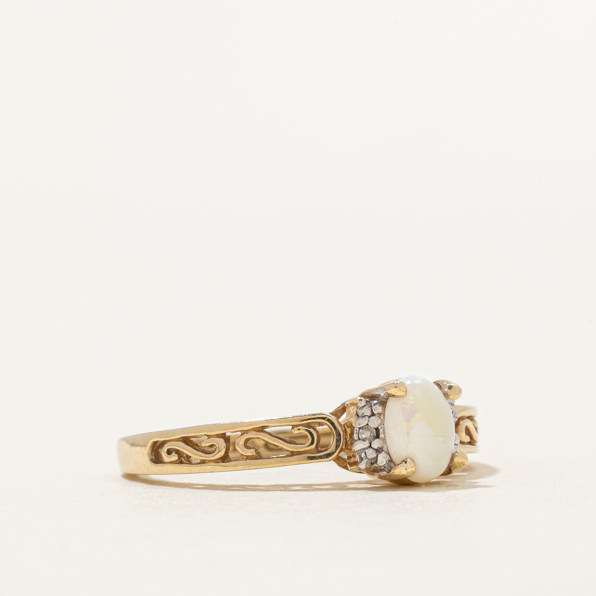 Cabochon Opal & Diamond Scrollwork Ring | 0.27ct, 0.004ctw | SZ 6.75
