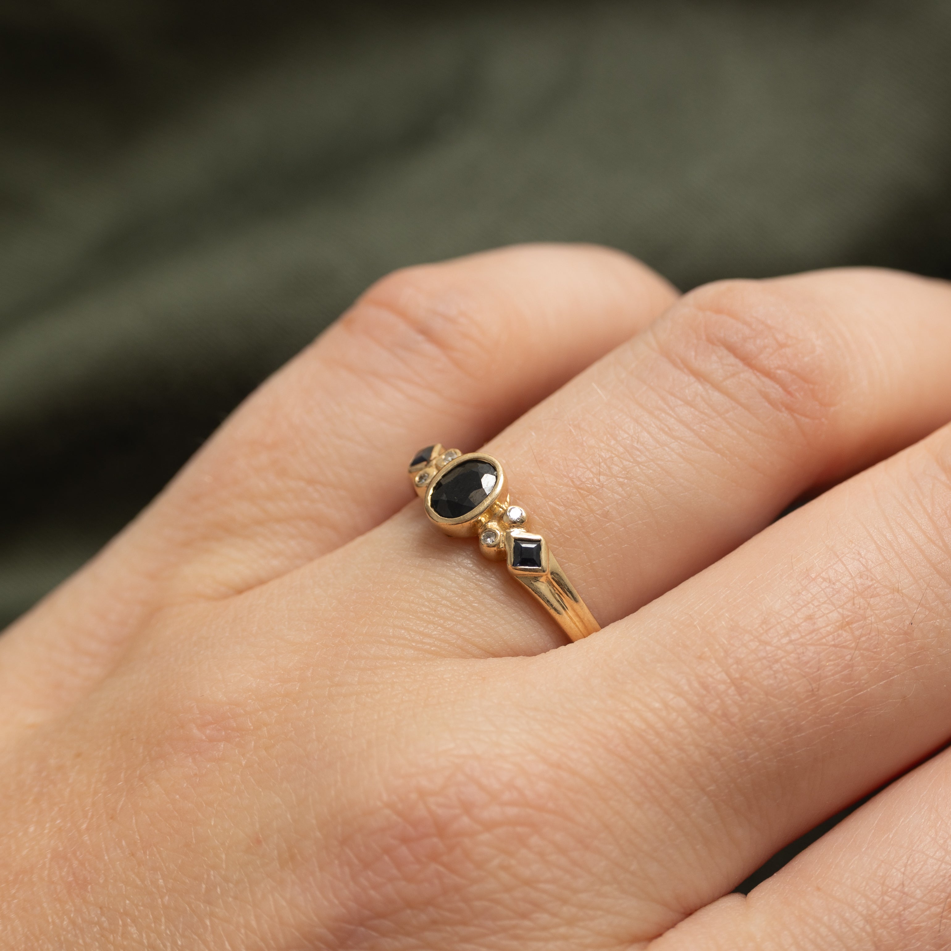 Bezel Set Black Sapphire & Diamond Grooved Ring | 0.55ctw, 0.02ctw | SZ 7.25