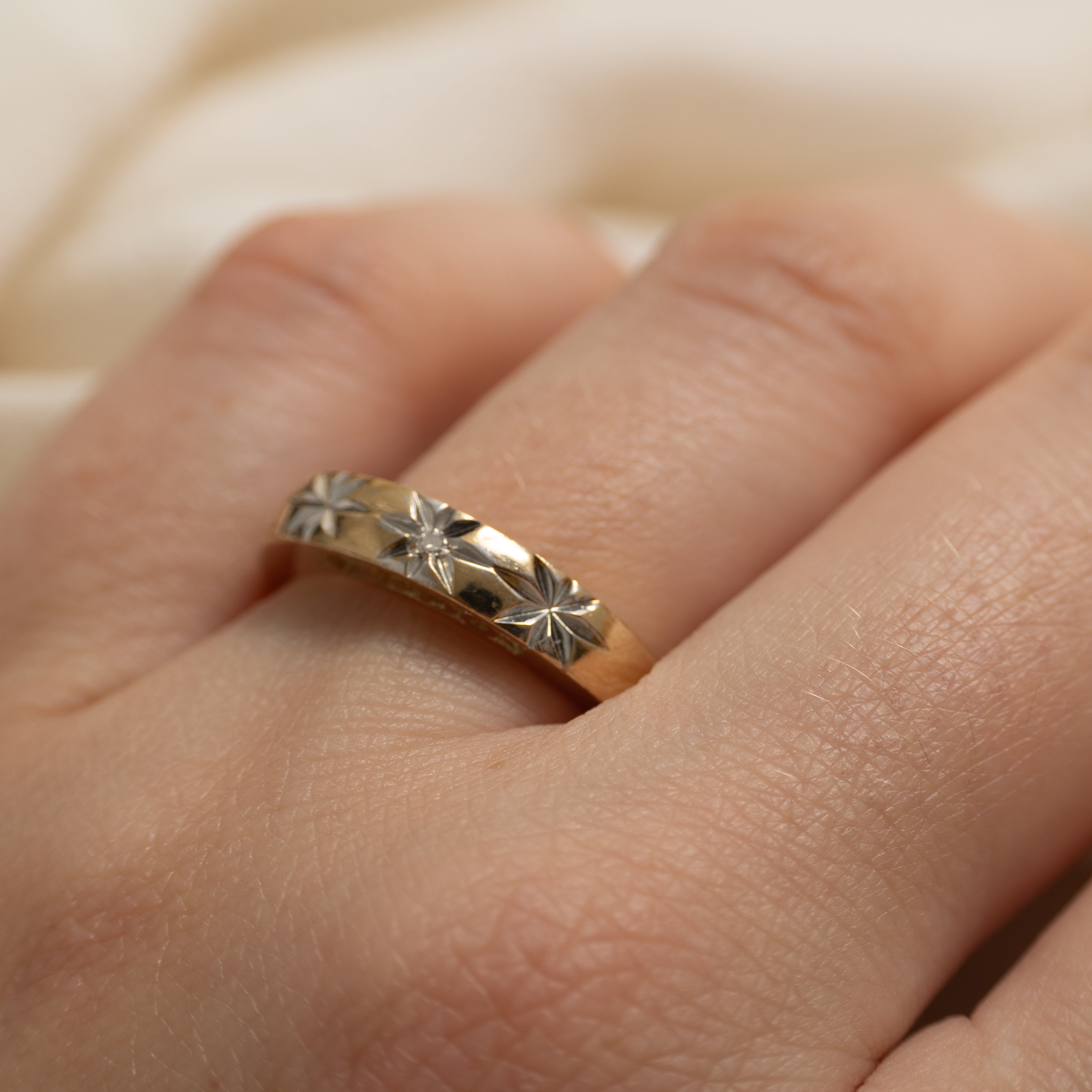 Two Tone Star Set Diamond "I DO" Band | SZ 11