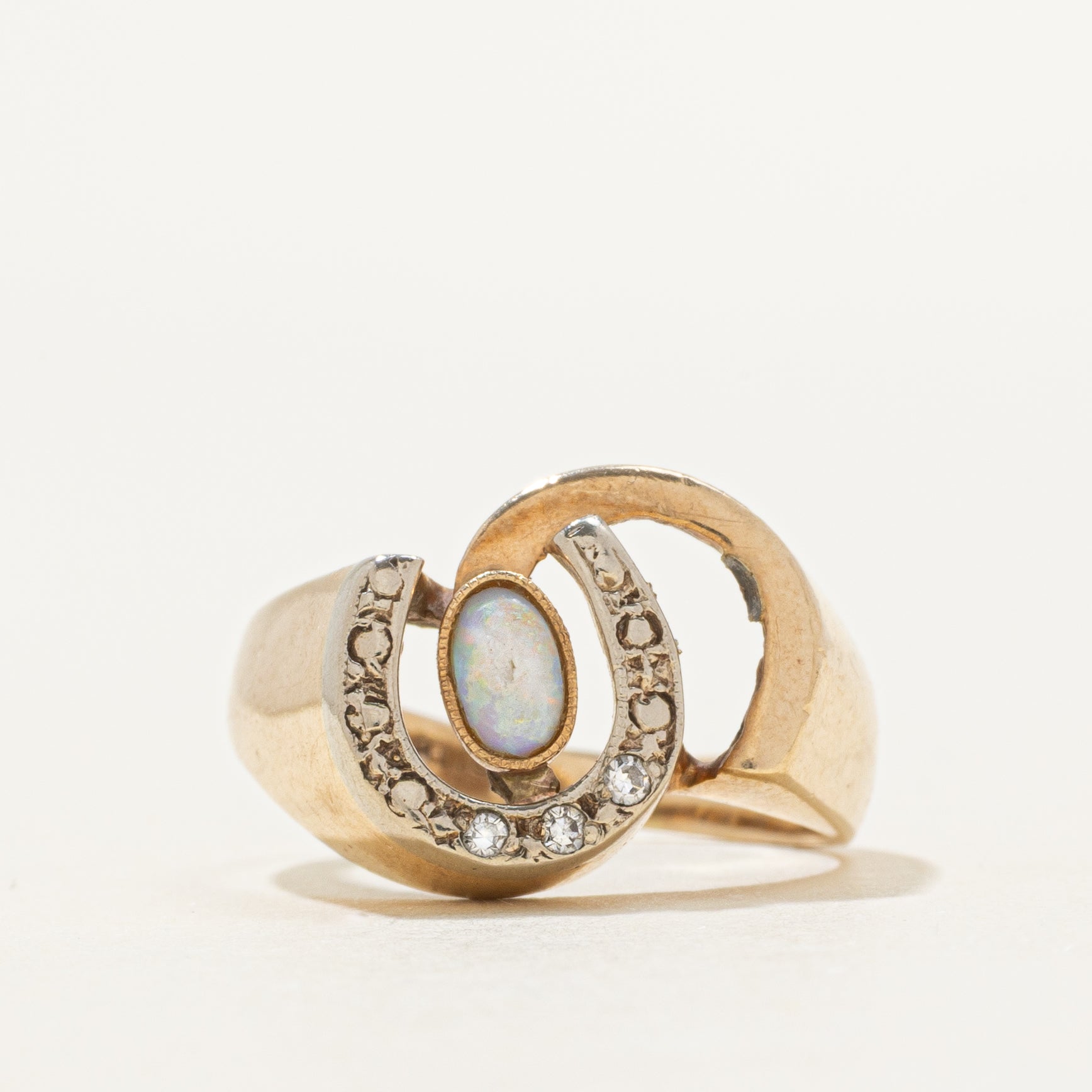 Cabochon Opal & Diamond Horseshoe Ring | 0.07ct, 0.02ctw | SZ 5.5