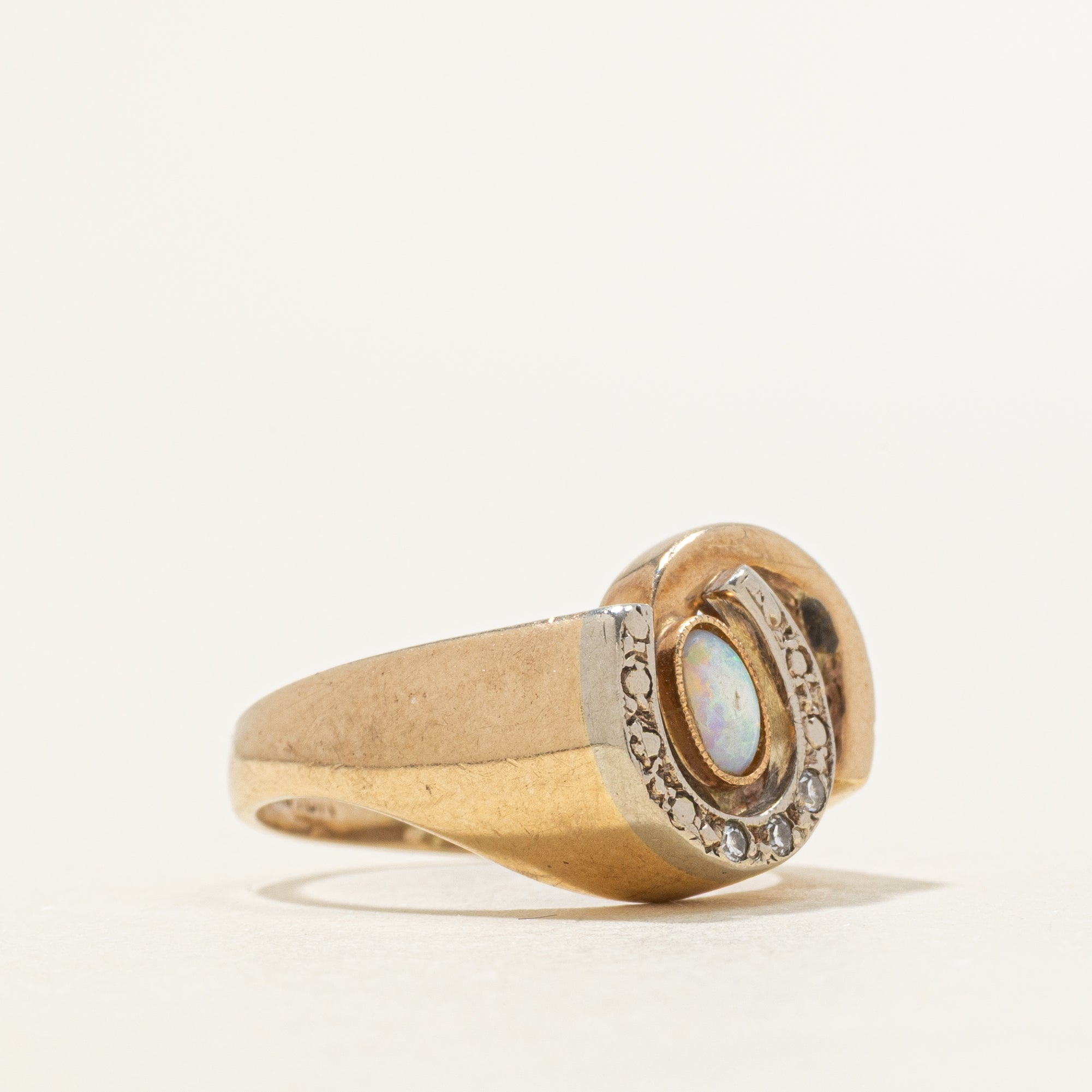 Cabochon Opal & Diamond Horseshoe Ring | 0.07ct, 0.02ctw | SZ 5.5