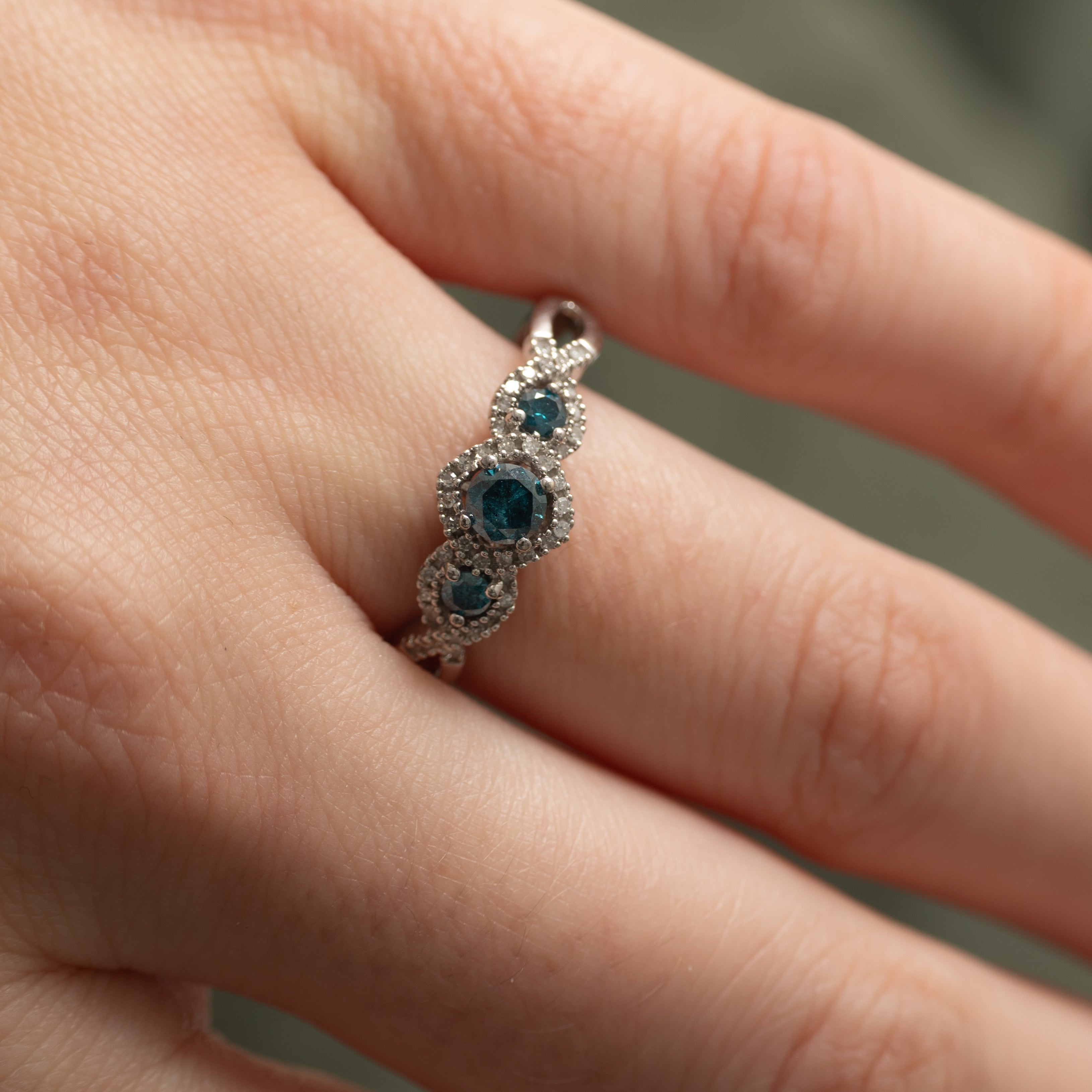 Three Stone Blue & White Diamond Halo Crossover Ring | 0.37ctw | SZ 8.5 |