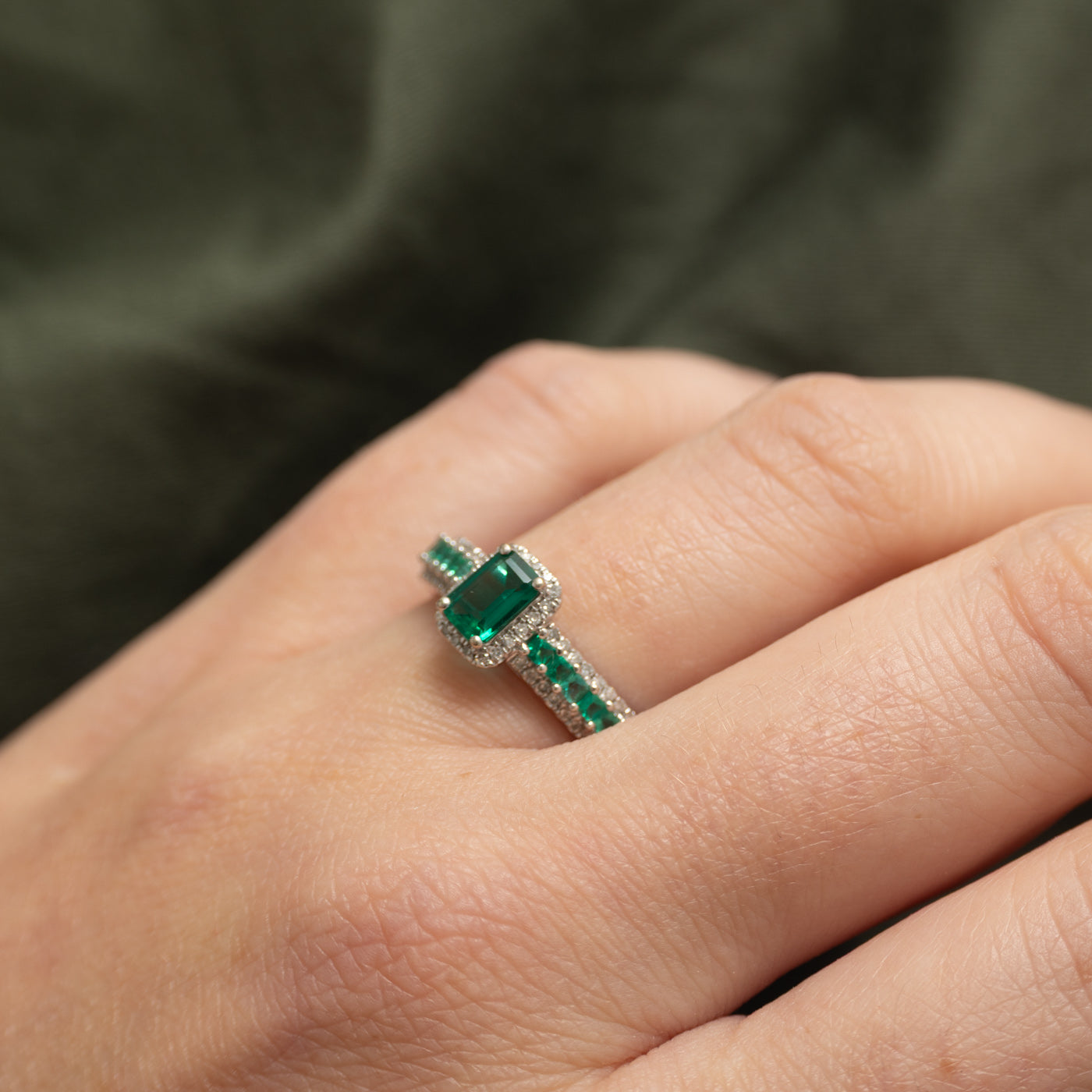 White Gold Synthetic Emerald & Diamond Cathedral Ring | 0.75ctw, 0.20ctw | SZ 7