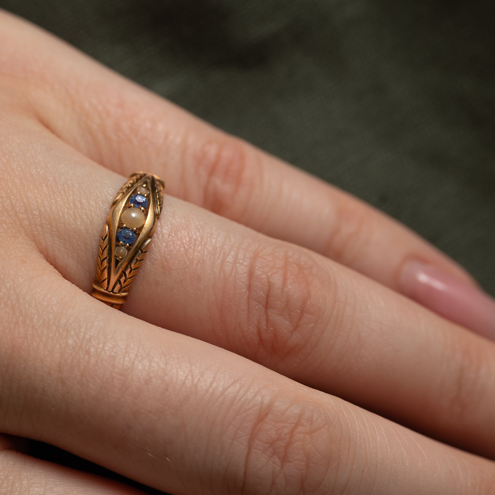 Victorian 15K Gold Seed Pearl & Sapphire Ring | 0.11ctw | SZ 7.25