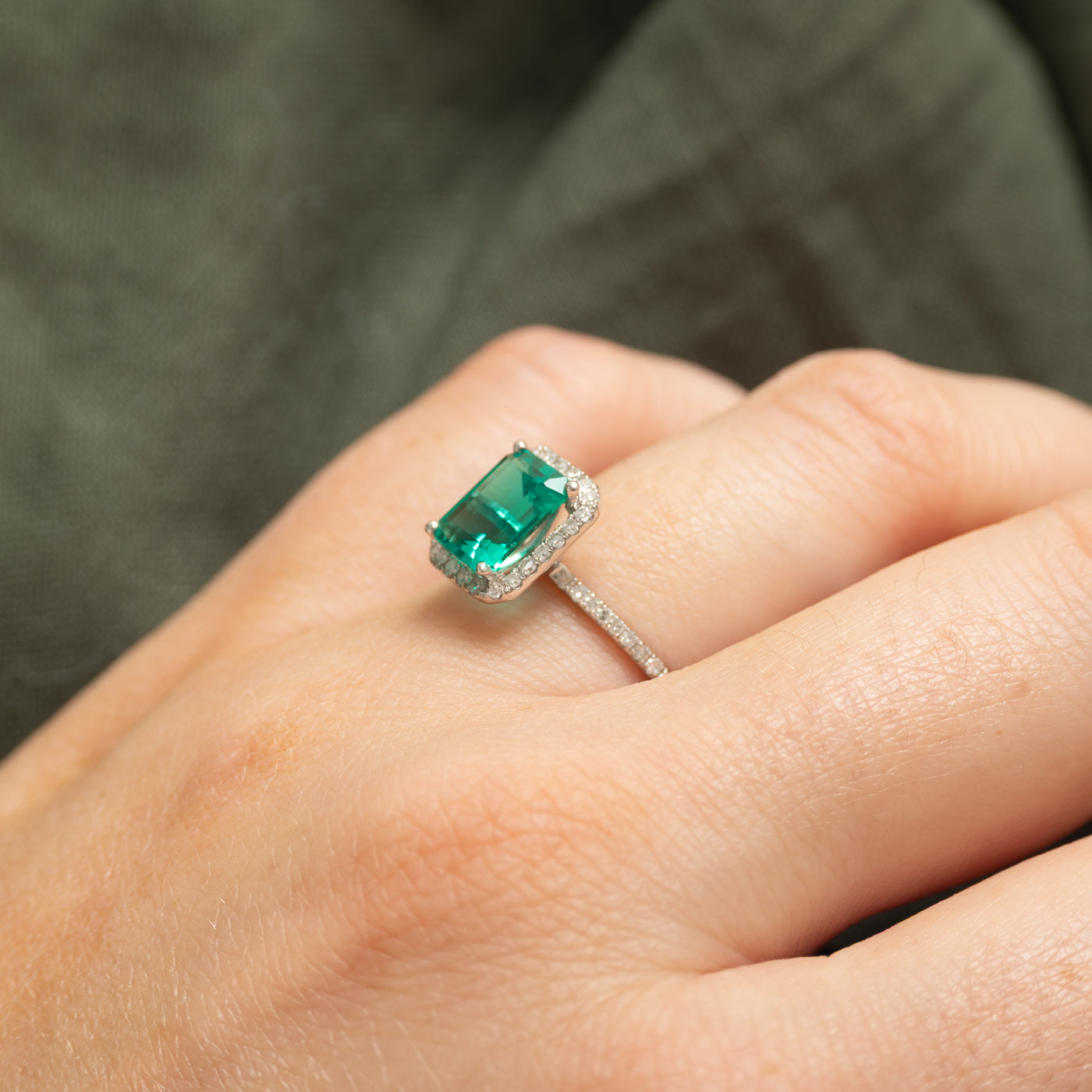 18k Synthetic Emerald & Diamond Halo Ring | 1.70ct, 0.23ct | SZ 5.5