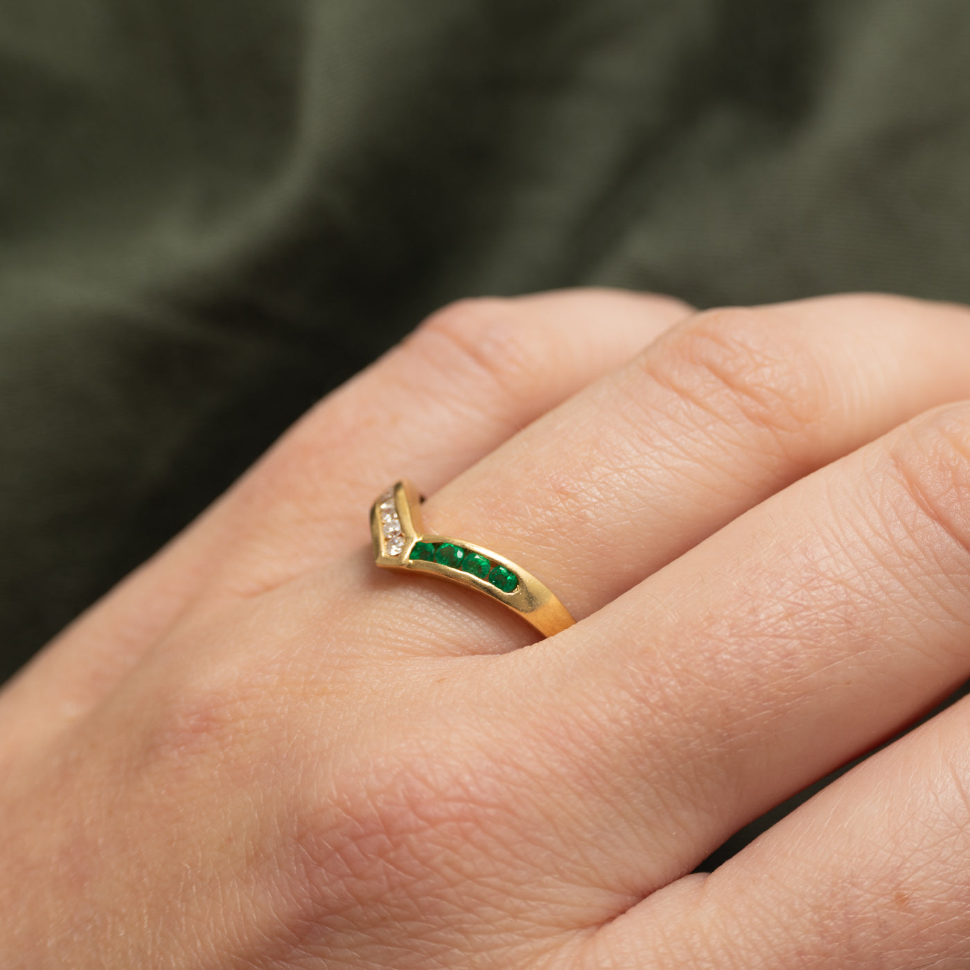 18k Channel Set Emerald & Diamond Chevron Ring | 0.15ctw, 0.10ctw | SZ 7.75