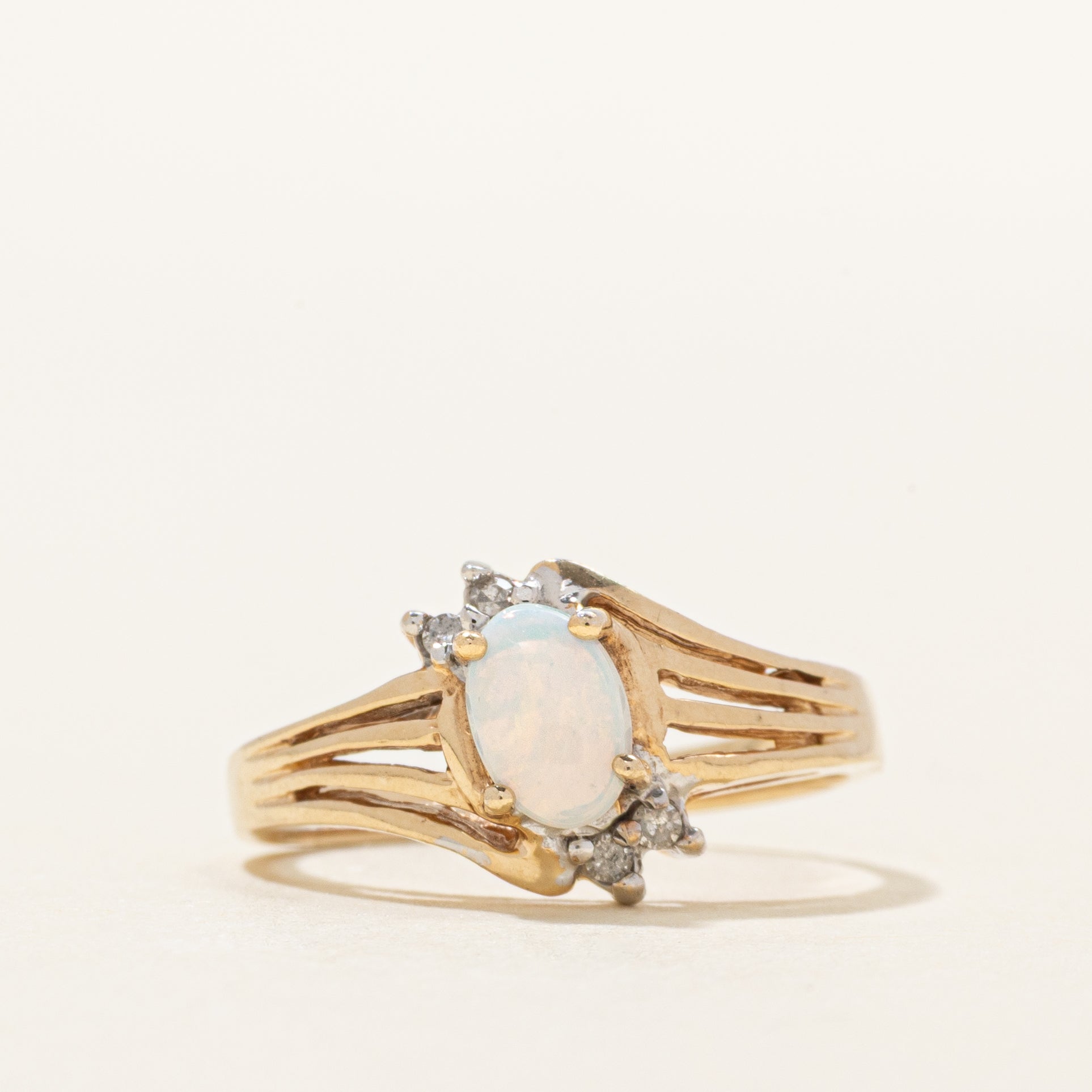 Cabochon Opal & Diamond Grooved Bypass Ring | 0.20ct, 0.01ctw | SZ 5