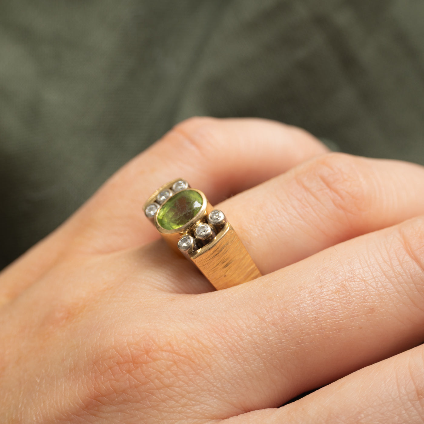 18k Bezel Set Oval Cut Peridot & Diamond Chunky Ring | 2.00ct, 0.12ctw | SZ 8.75
