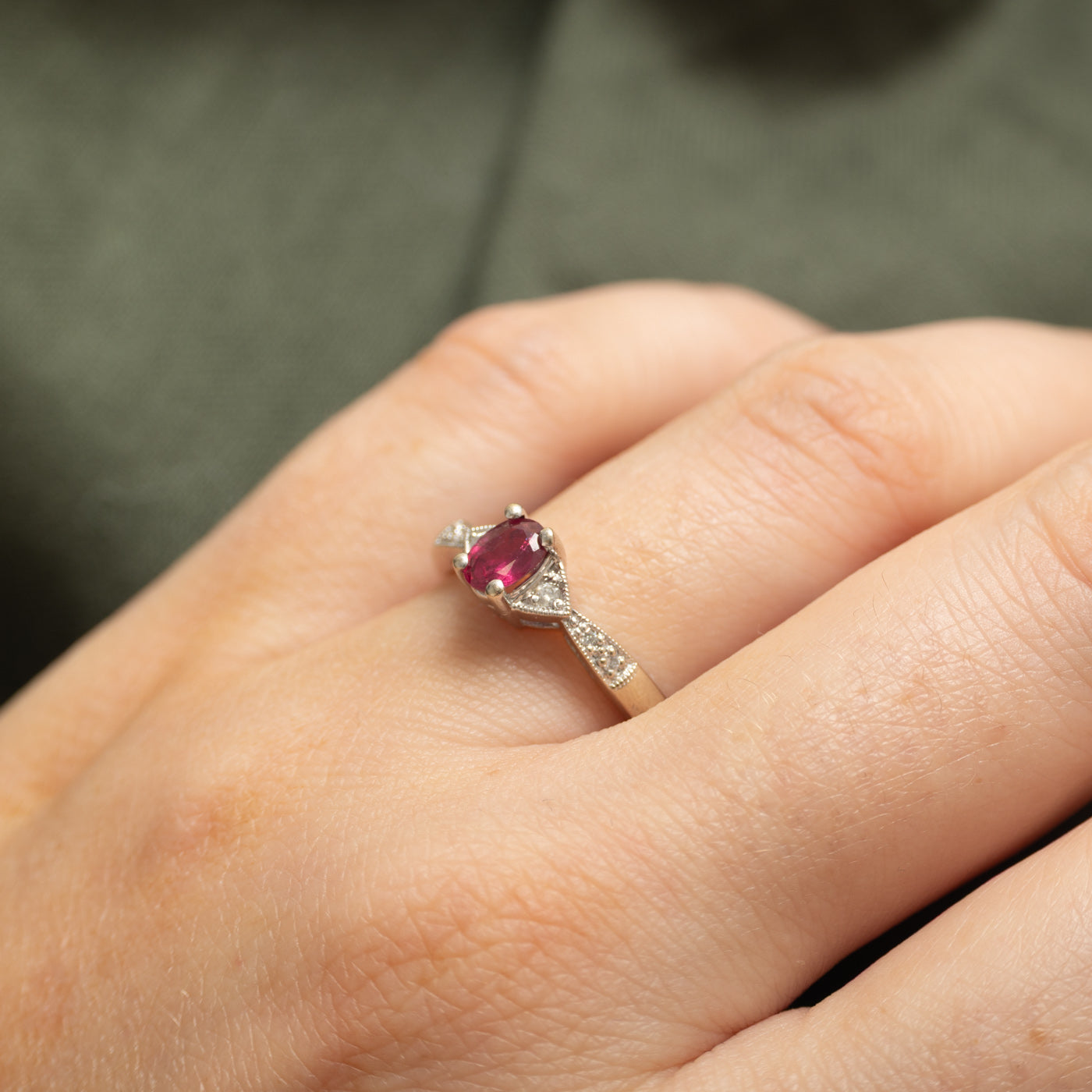 Oval Cut Ruby & Diamond Reverse Tapered Ring | 0.50ct, 0.04ctw | SZ 7.75