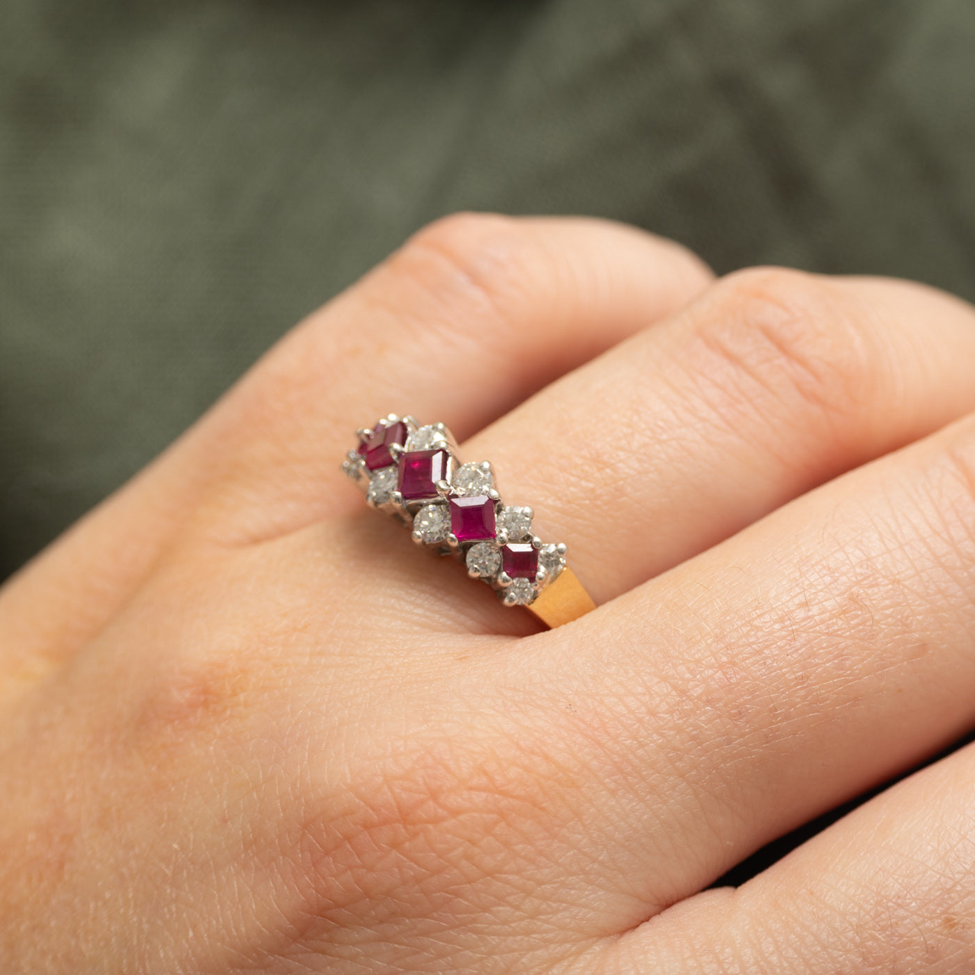 Square Cut Ruby & Diamond Checkerboard Ring | 0.65ctw, 0.36ctw | SZ 8.5