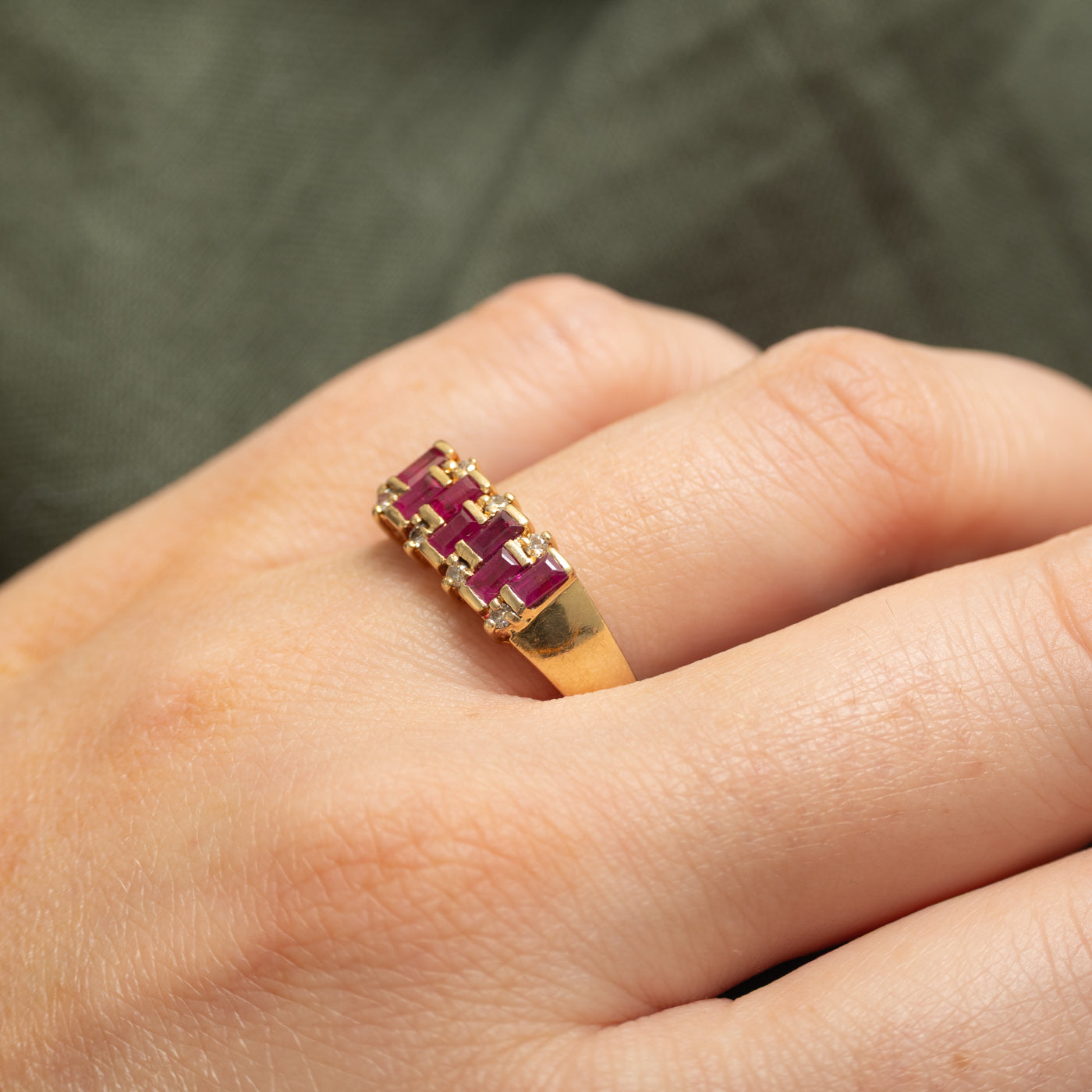 Baguette Cut Ruby & Chocolate Diamond Cluster Ring | 0.56ctw, 0.08ctw | SZ 9