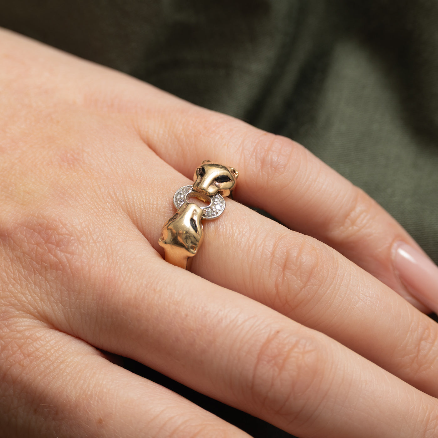 Two Tone Marquise Cut Sapphire & Diamond Panther Head Ring | 0.12ctw, 0.08ctw | SZ 6.75