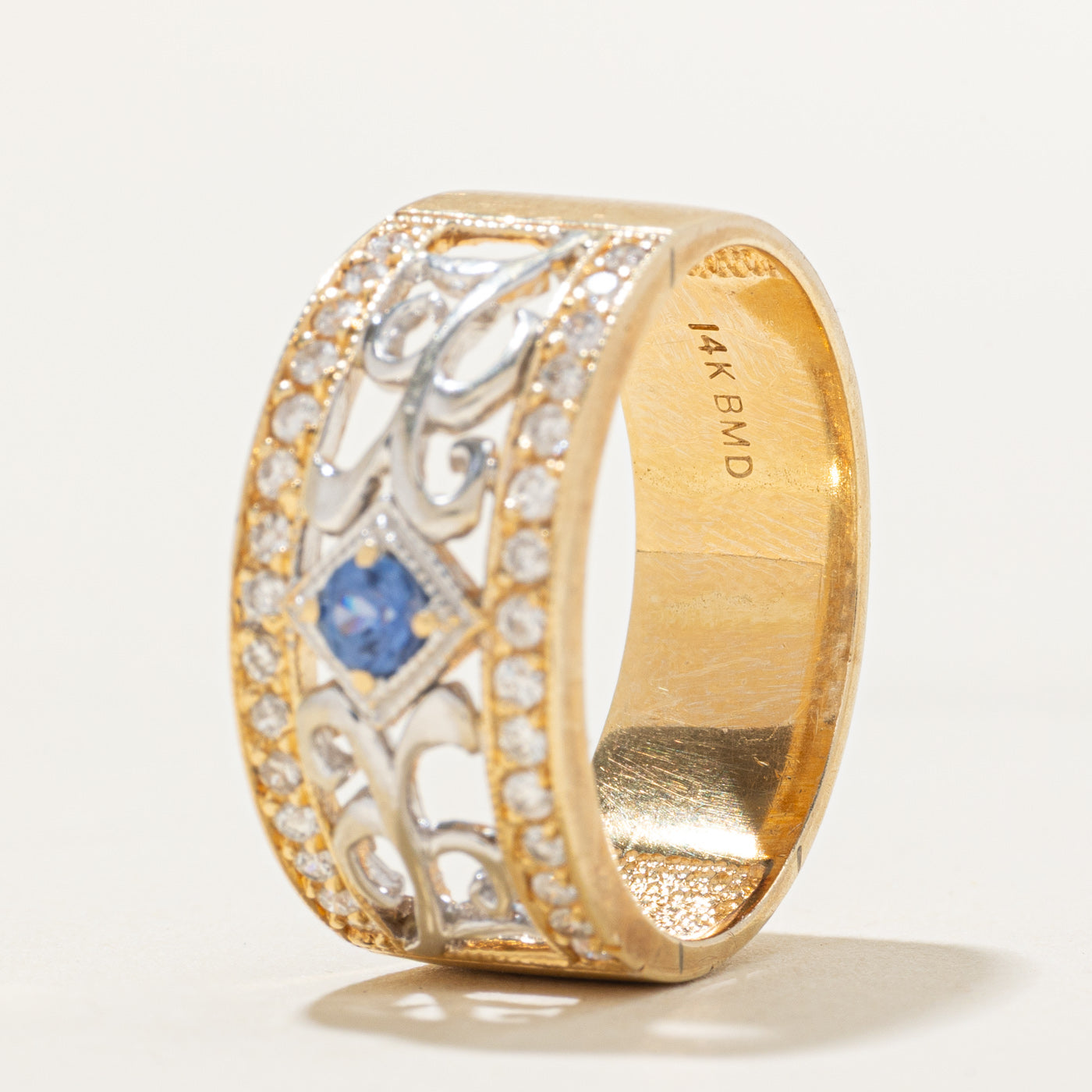 Sapphire & Diamond Edged Ornate Openwork Band | 0.30ct, 0.15ct | SZ 9