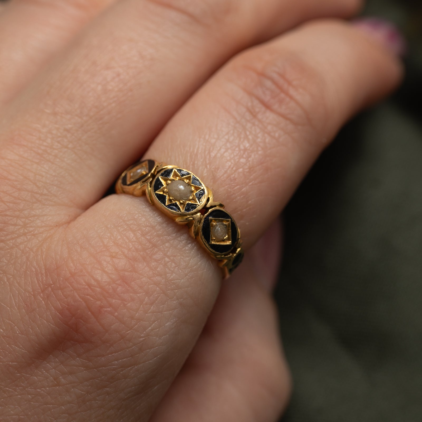1874 Victorian London Seed Pearl & Black Enamel Ring | 7.5